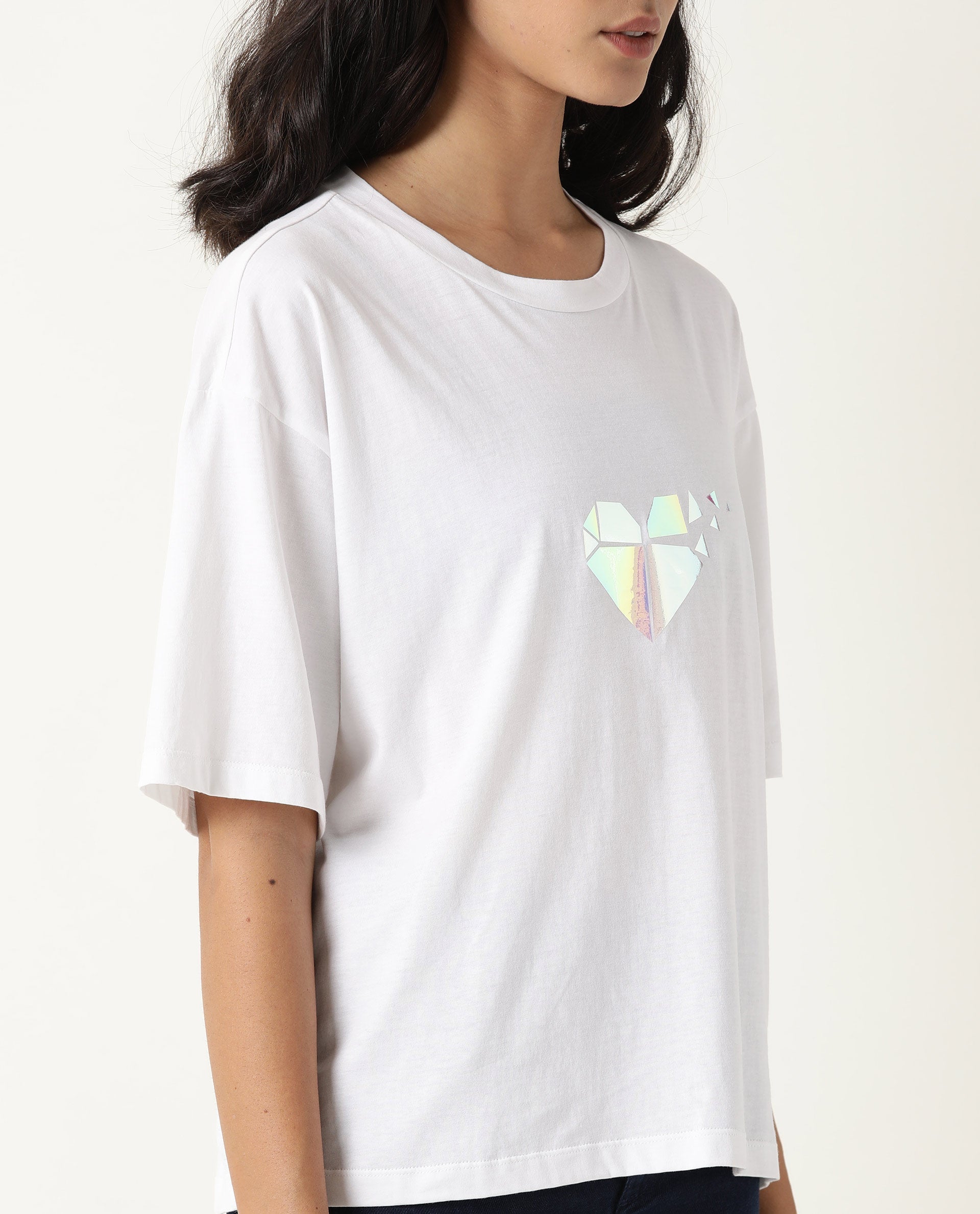 Rareism Womens Nat White T-Shirt Cotton Fabric Regular Fit Half Sleeve Round Neck