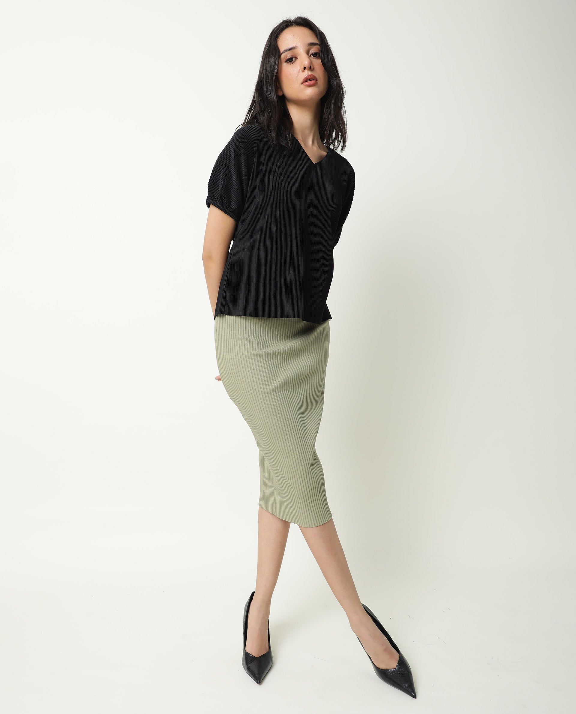 Rareism Womens Soho Black Top Polyester Fabric Regular Fit Extended Sleeves Round Neck