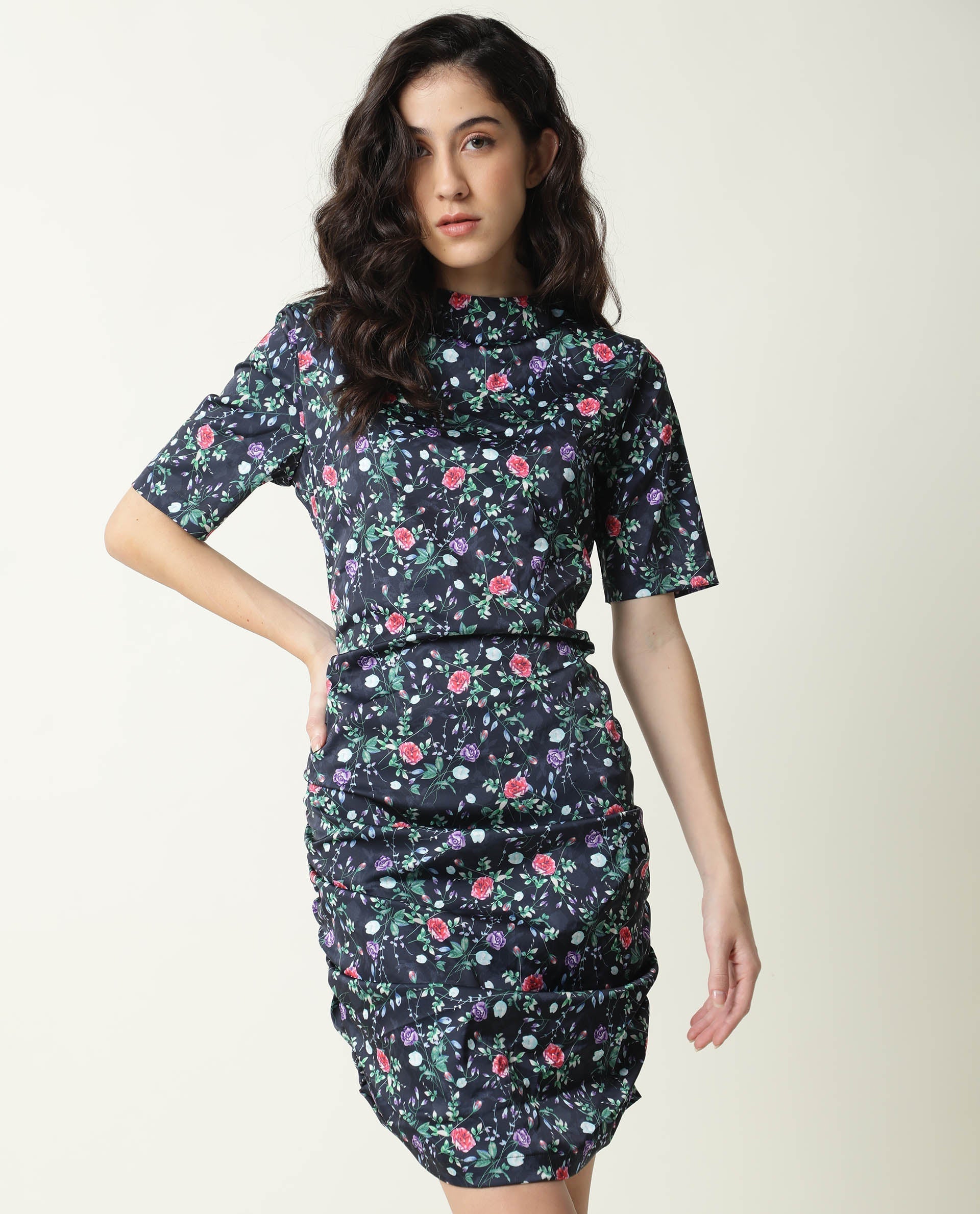Rareism Women's John Navy Modal High Neck Floral Print Knee Length Regular Fit Dress