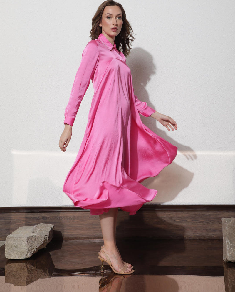 Rareism Women Galaxyy Fluorescent Pink Modal Fabric Full Sleeves Zip Closure Shirt Collar Regular Fit Plain Maxi Asymmetric Dress