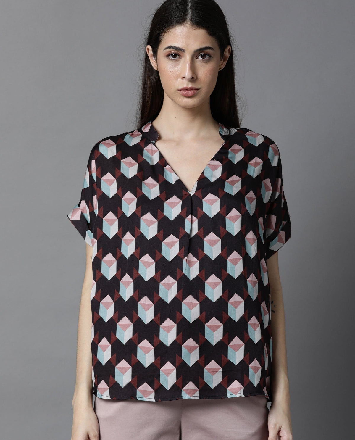 Rareism Women Ringo Brown Top Full Sleeves Printed