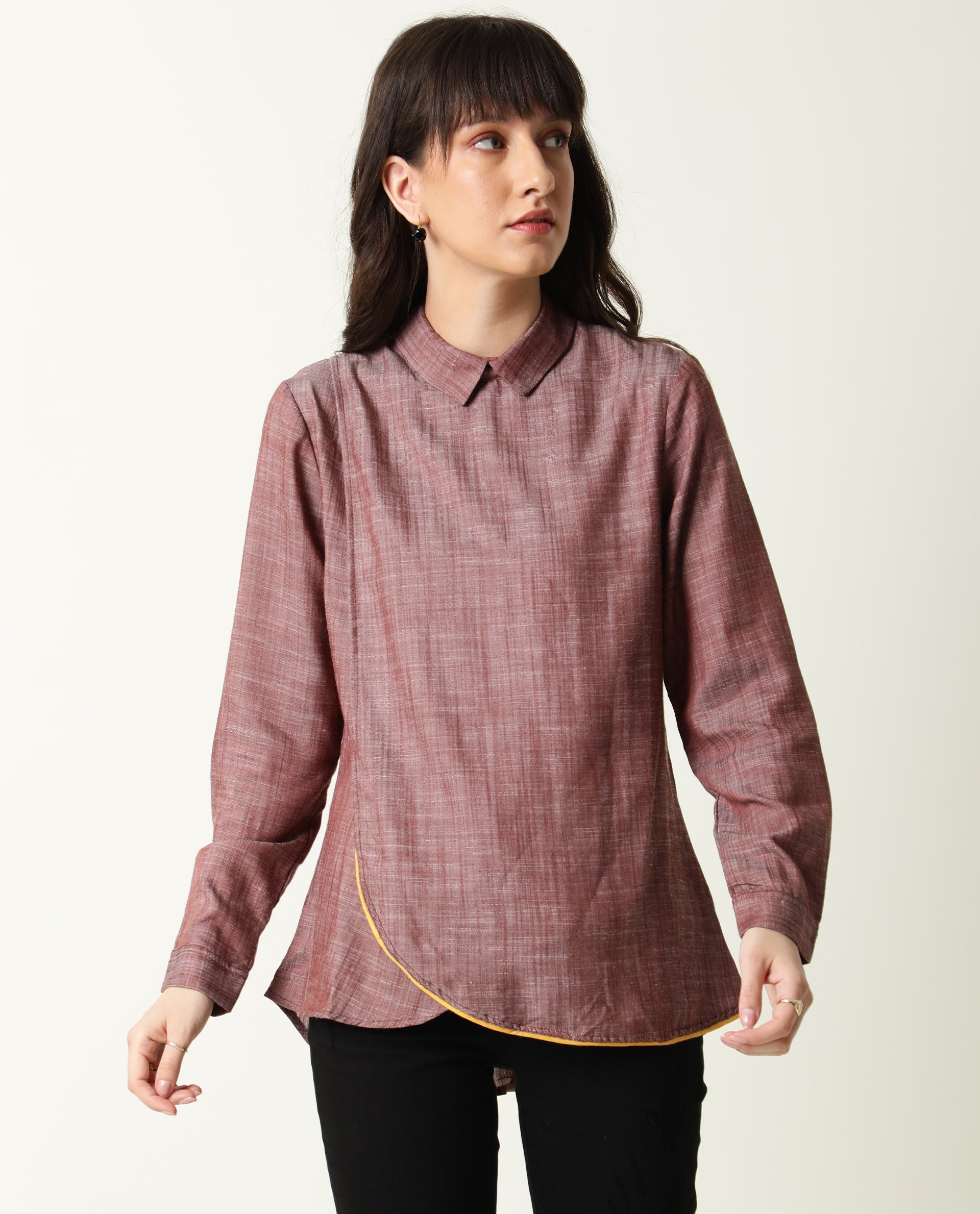 Rareism Womens Kara Brown Top Polycotton Fabric Full Sleeves Collar Neck