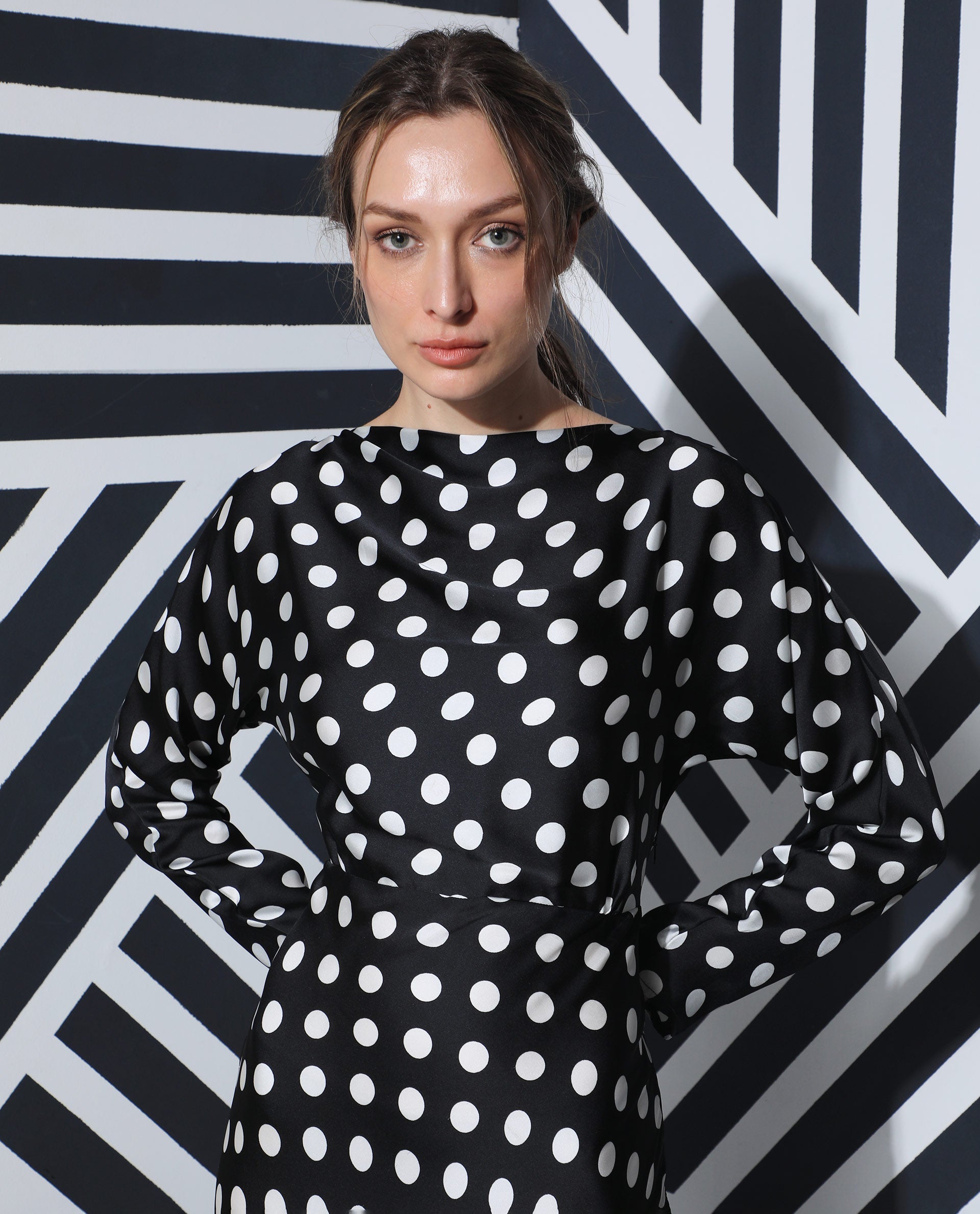 Rareism Women Alsus Black Polka Print Boat Neck Full Sleeves Maxi Dress
