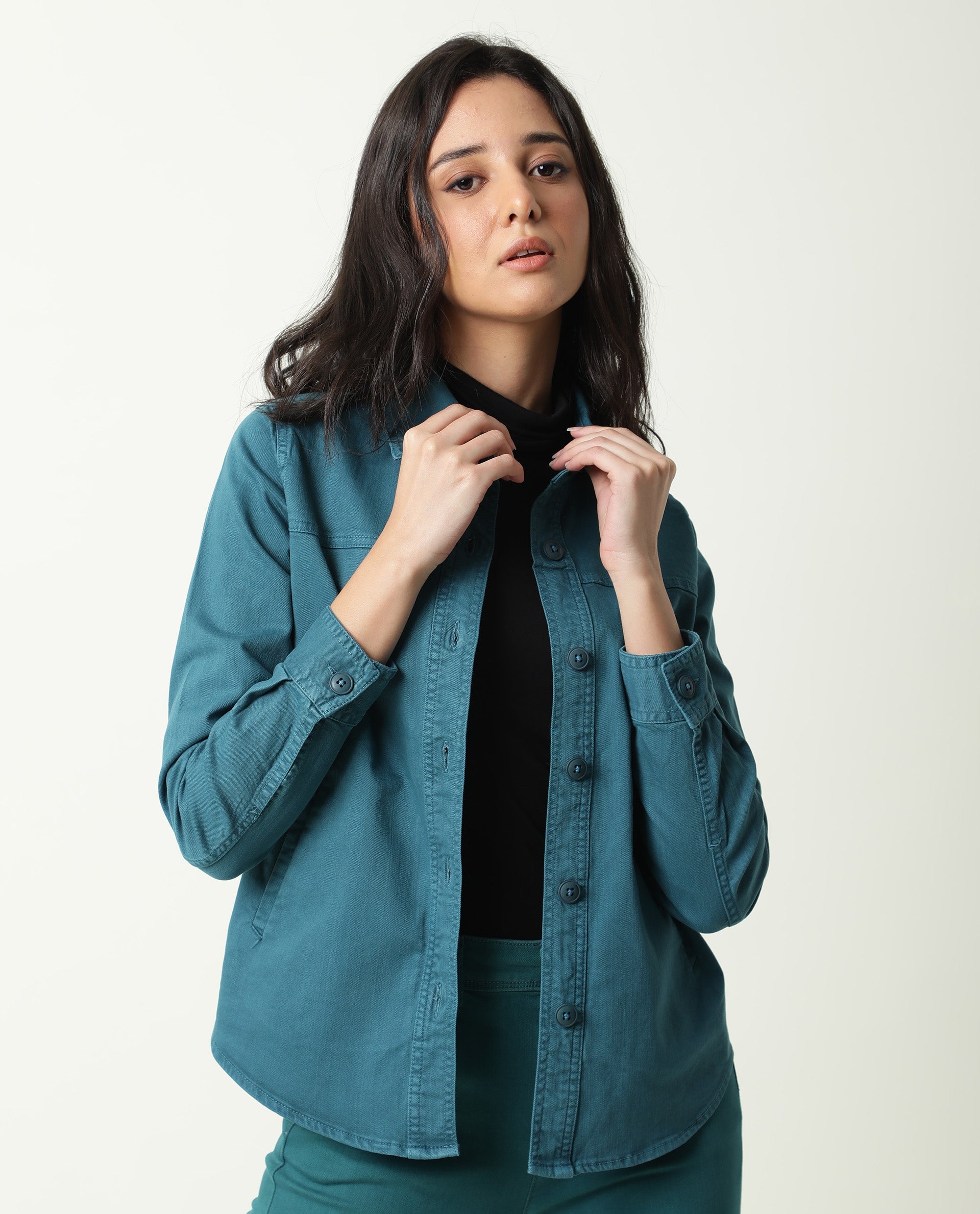 Rareism Women Mission Petrol Cotton Lycra Fabric Full Sleeves Solid Shirt Collar Jacket