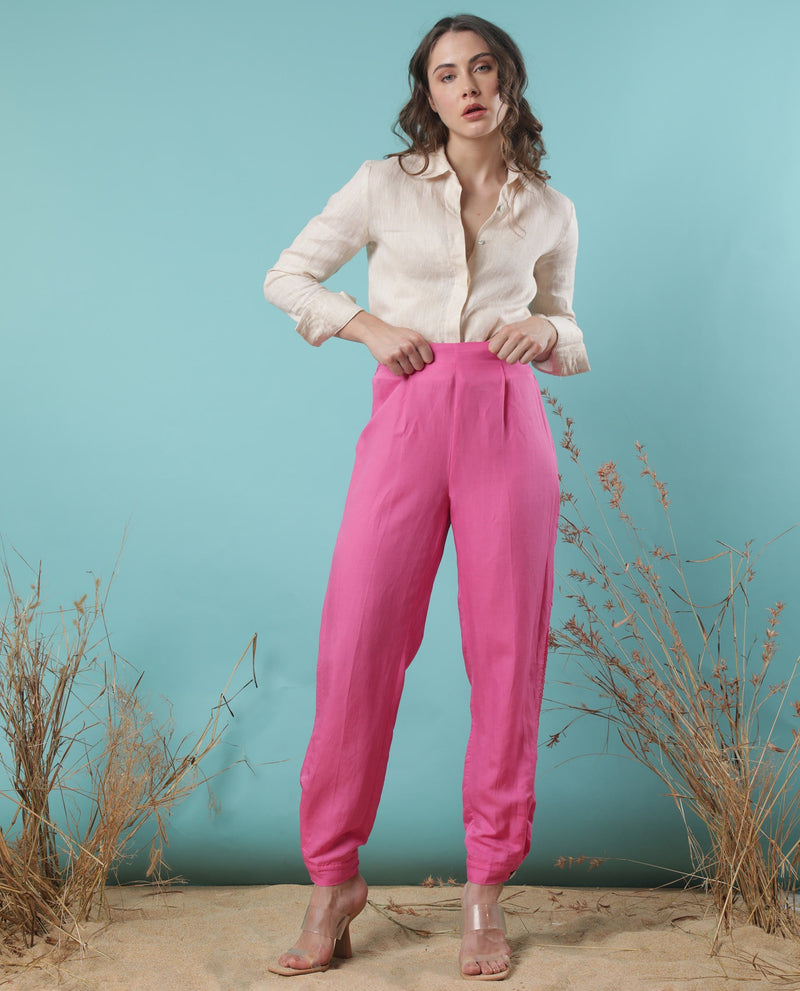 Rareism Women Erin Flouroscent Pink Modal Linen Fabric Tailored Fit Mid Rise Solid Ankle Length Trousers