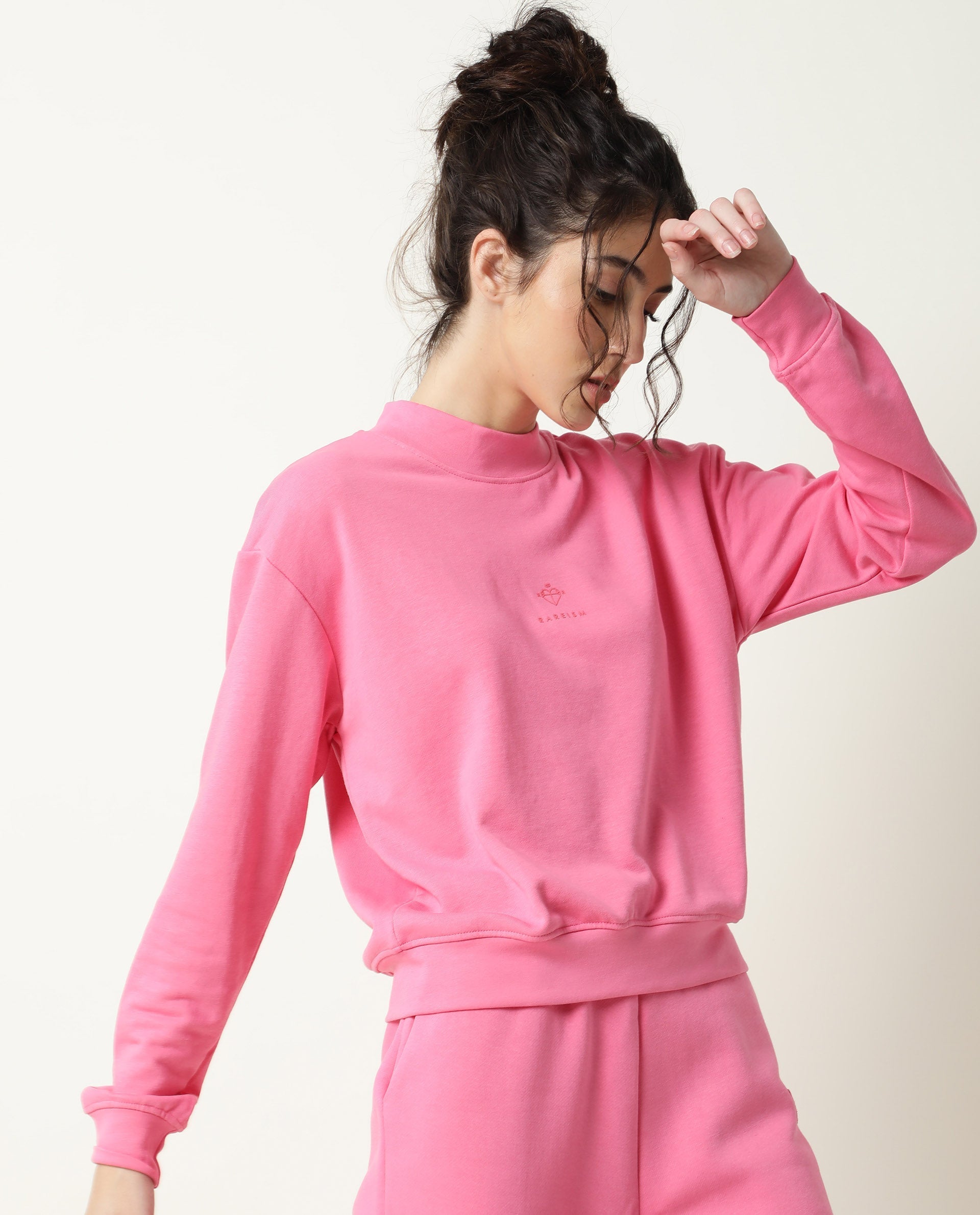 Rareism Women Necker Pink  Relaxed Fit Full Sleeves Solid High Neck Sweatshirt