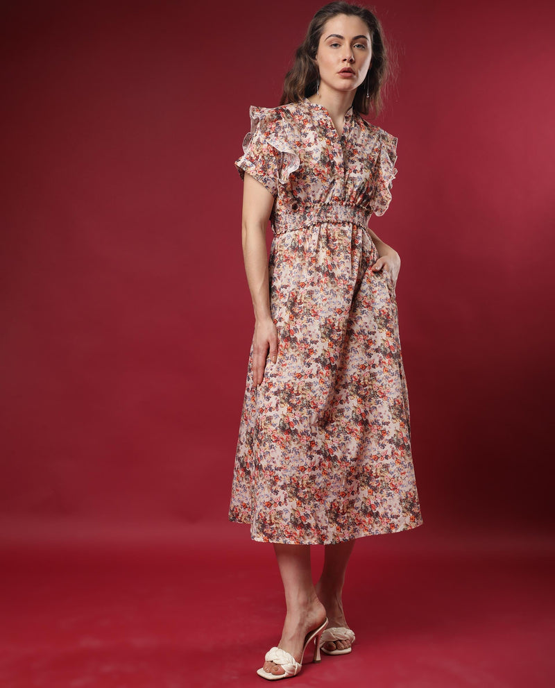 Rareism Women Fisht Off White Floral Print Band Collar Ruffled Short Sleeves Smocked Waist Belt And Pockets Midi Dress