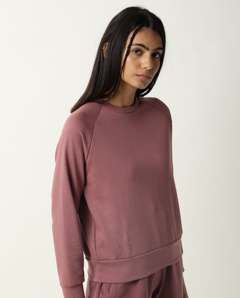 Rareism Women Cax Dark Pink Cotton Blend Fabric Relaxed Fit Full Sleeves Solid Round Neck Sweatshirt