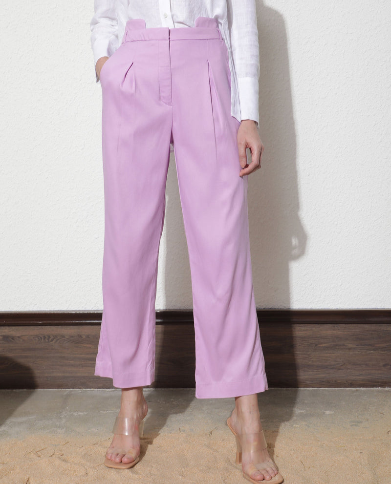 Rareism Women Evanova Pastel Purple Viscose Fabric Tailored Fit High Rise Solid Ankle Length Trousers