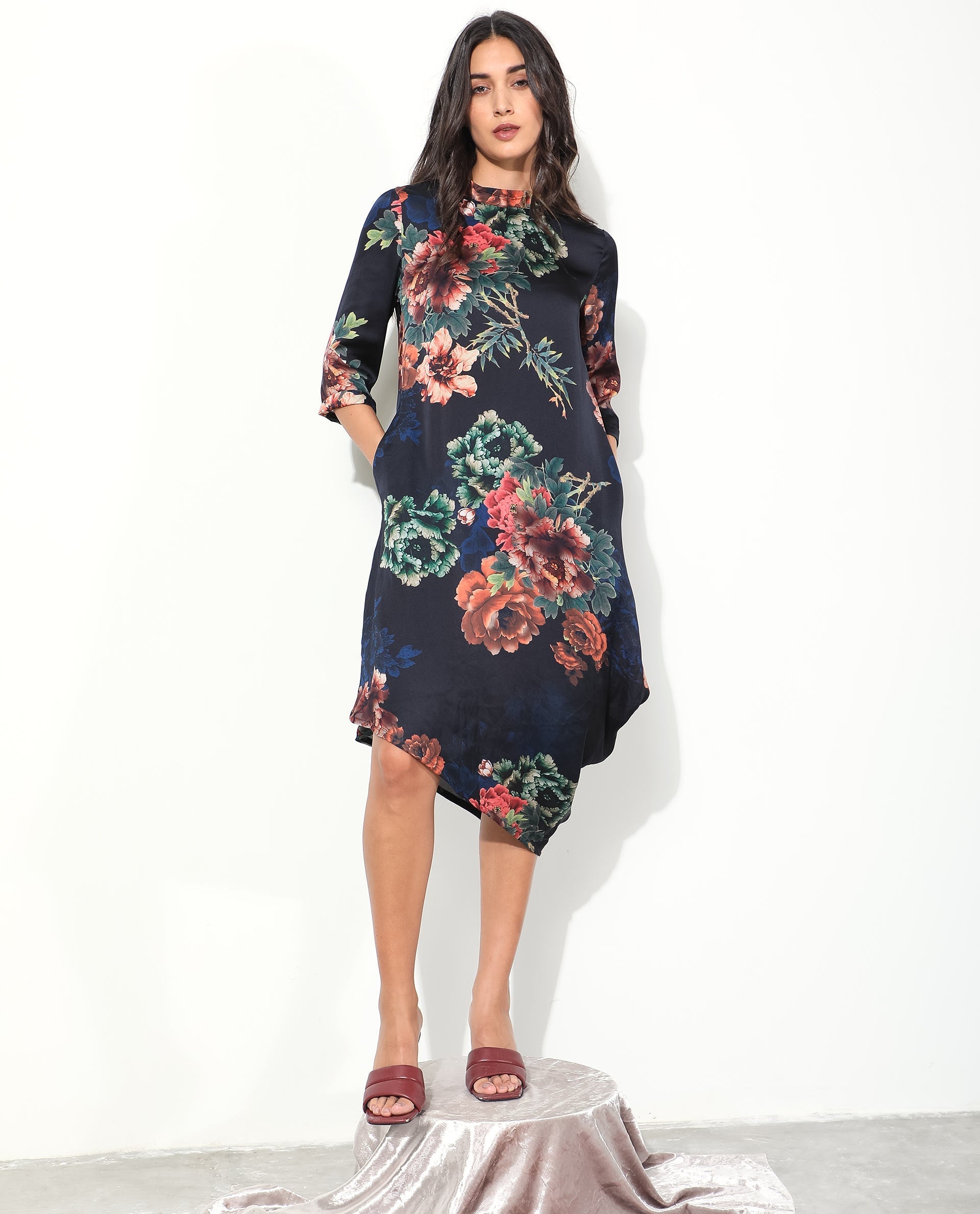 Rareism Women Astilbe Black Floral Print High Neck 3/4 Sleeves Asymmetric Knee Length Dress