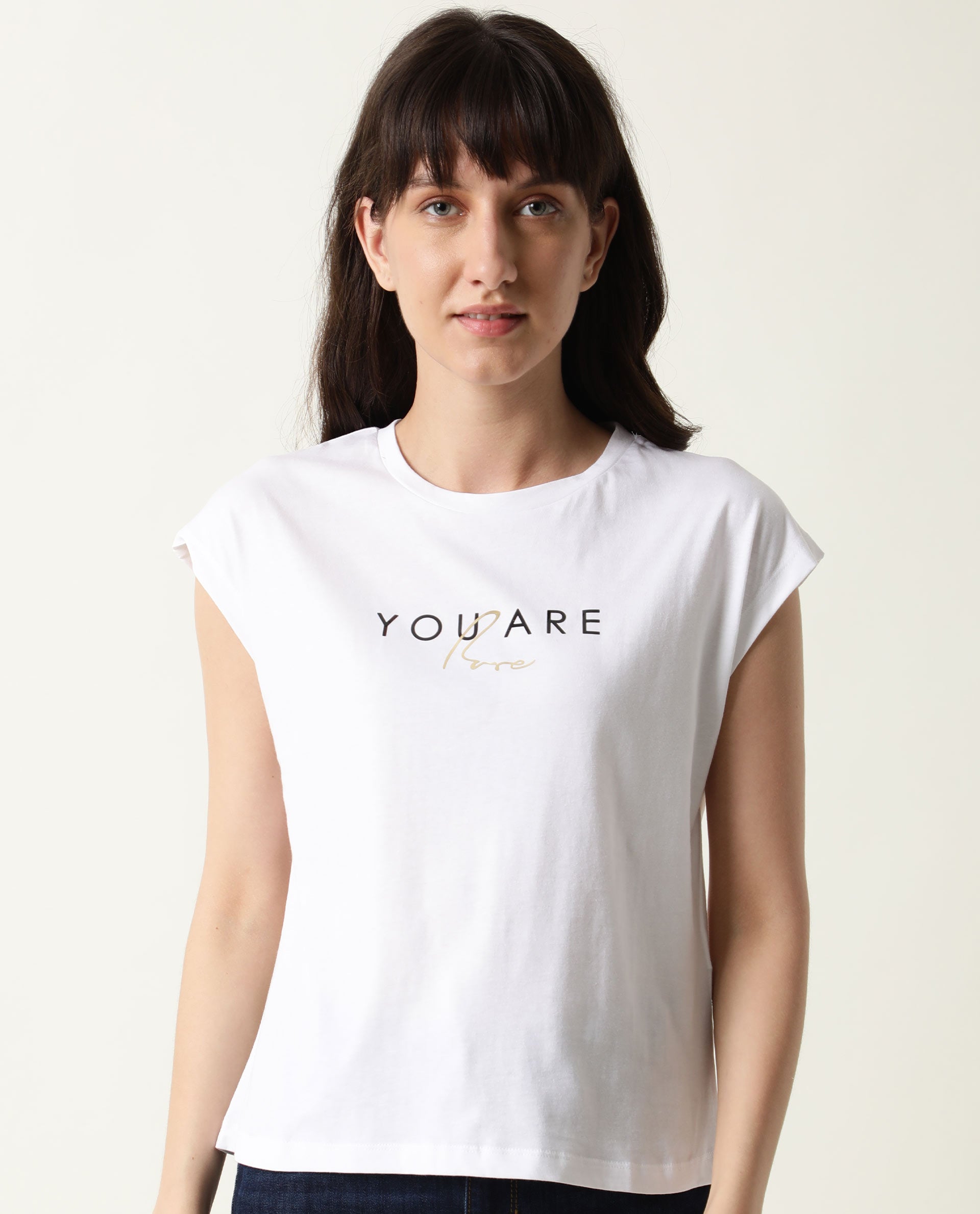 Rareism Womens Caprico White T-Shirt Cotton Fabric Regular Fit Half Sleeve Round Neck