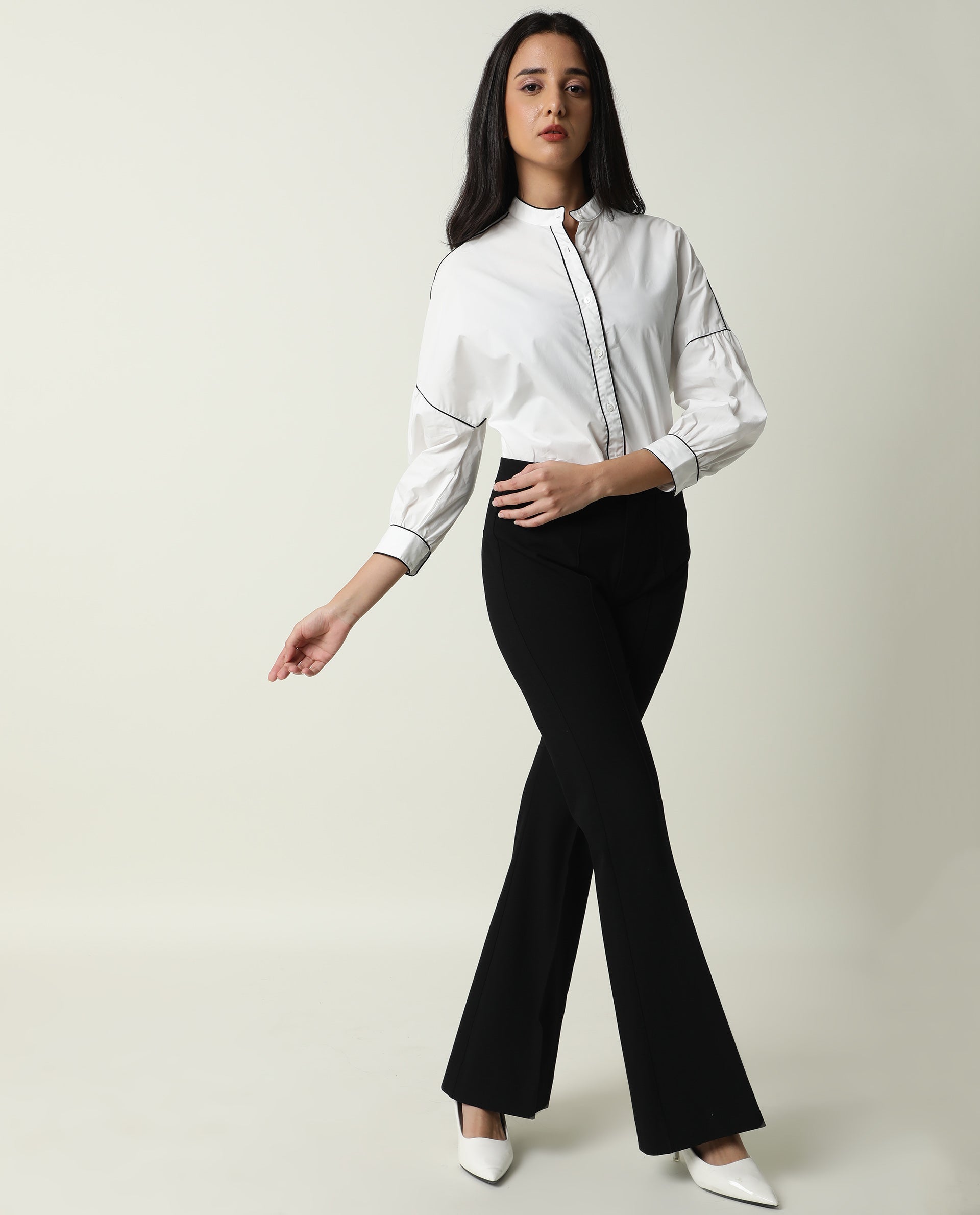 Rareism Womens Baki White Top Cotton Fabric Regular Fit Cuffed Sleeve Collared Neck