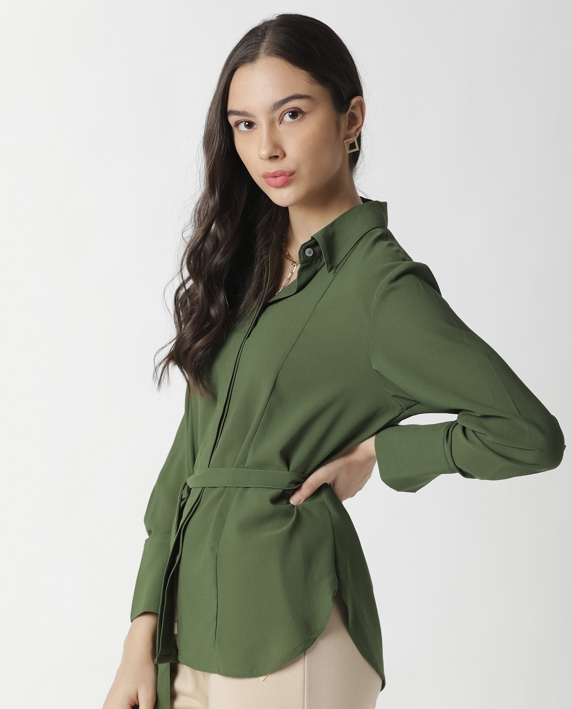Rareism Women Mould Green Top Full Sleeves Solid