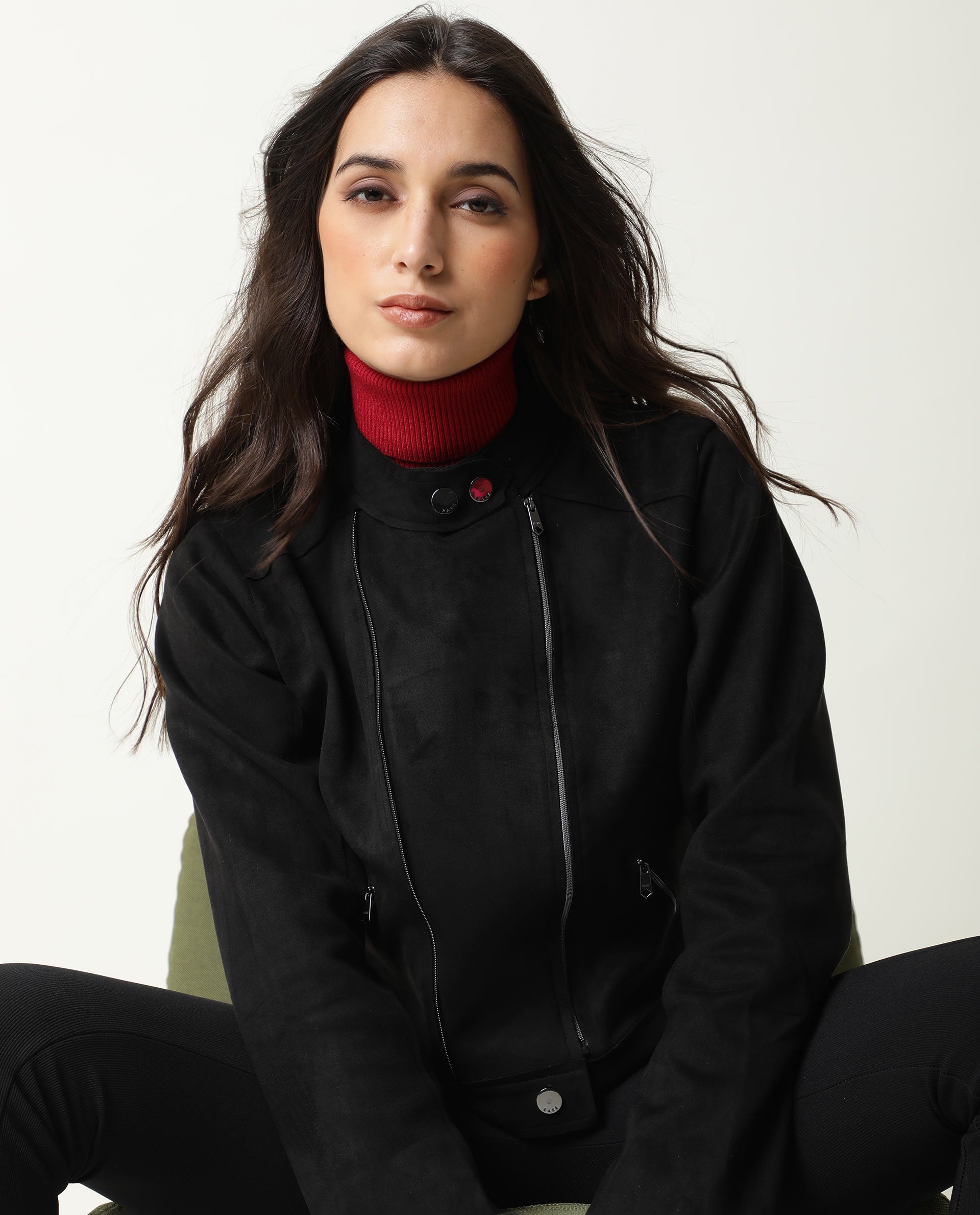 Rareism Women Everlee Black Polyester Fabric Full Sleeves Solid Mandarin Collar Jacket