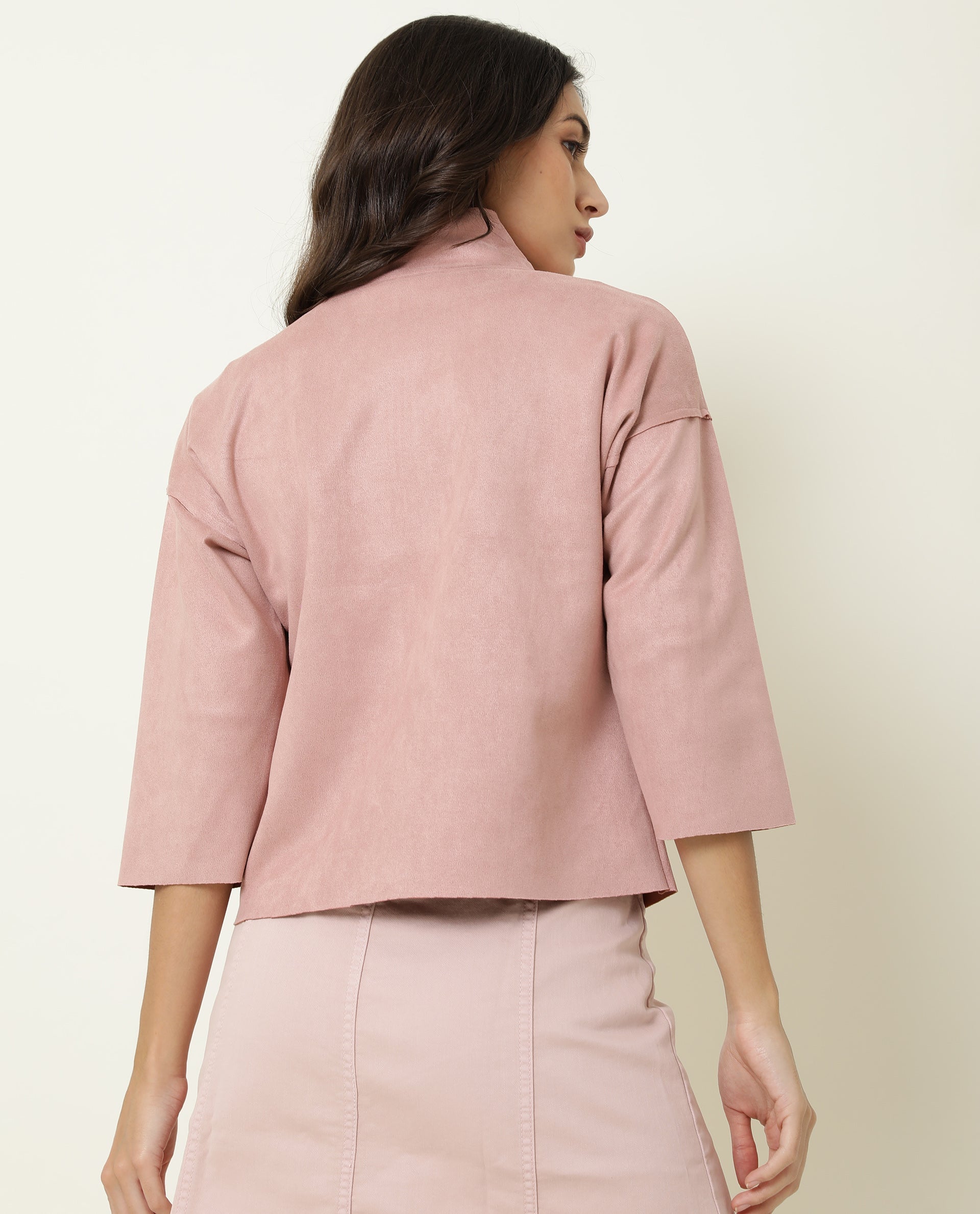 Rareism Women Vasu Dark Pink Polyester Fabric 3/4Th Sleeves Solid High Neck Jacket
