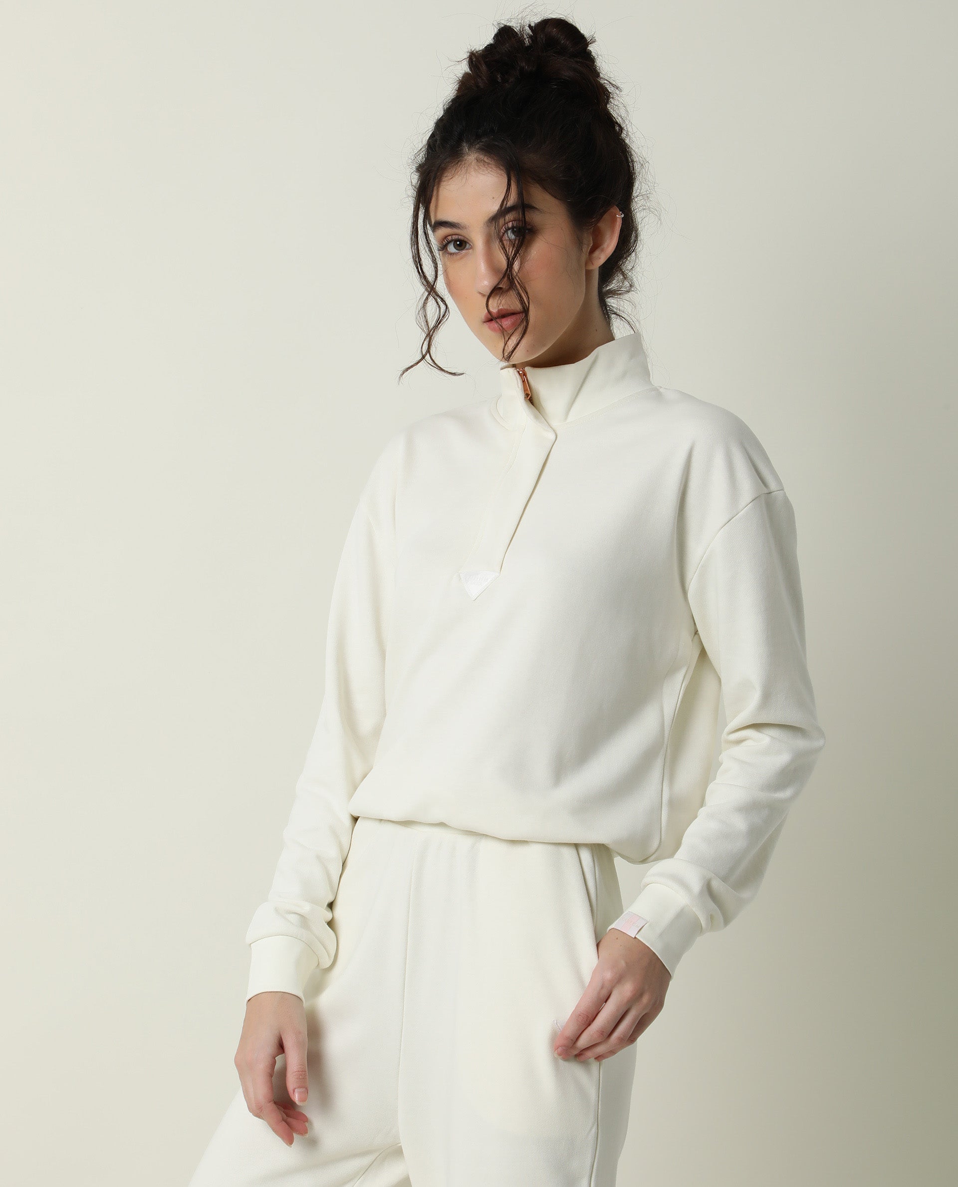 Rareism Women Taffy-1 Off White  Relaxed Fit Full Sleeves Solid High Neck Sweatshirt