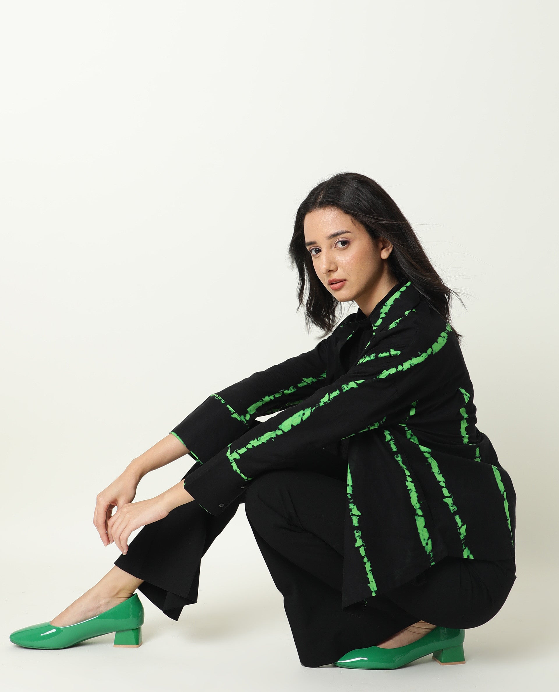 Rareism Womens James Black Top Modal Satin Fabric Regular Fit Cuffed Sleeve Collared Neck