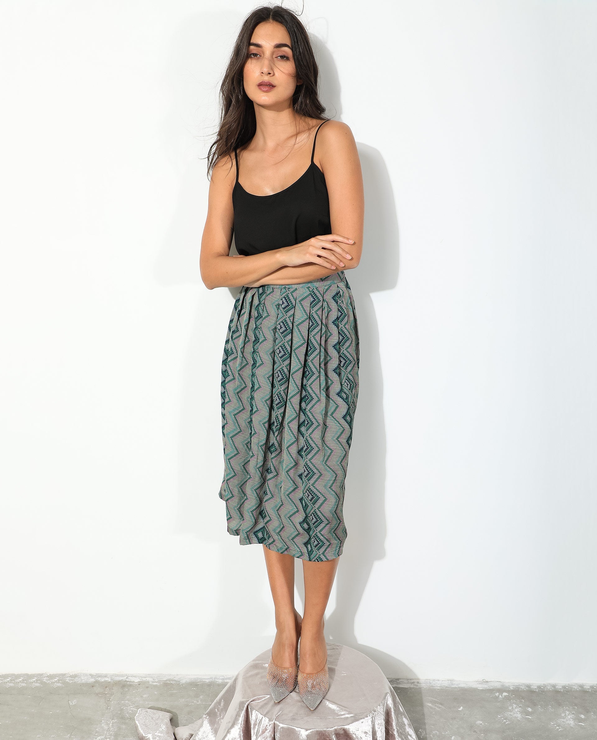 Rareism Women's Arabella Green Polyester Geometric Print Knee Length Regular Fit Skirt