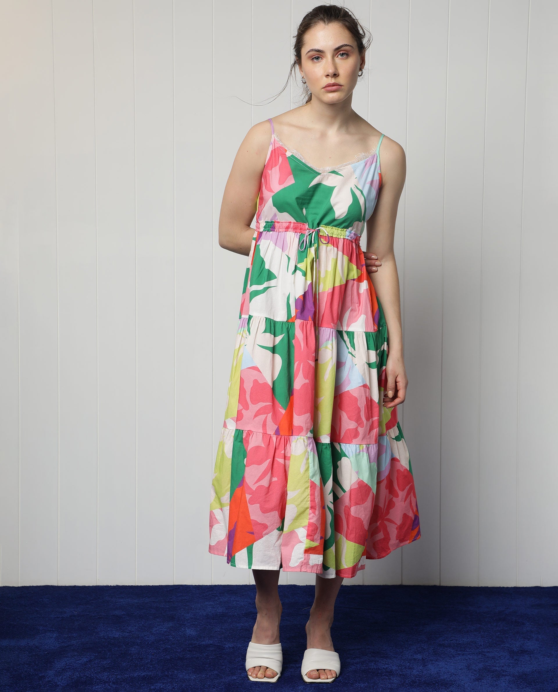 Rareism Women's Grace Multi Cotton V-Neck Floral Print Shoulder Strap Knee Length Regular Fit Dress
