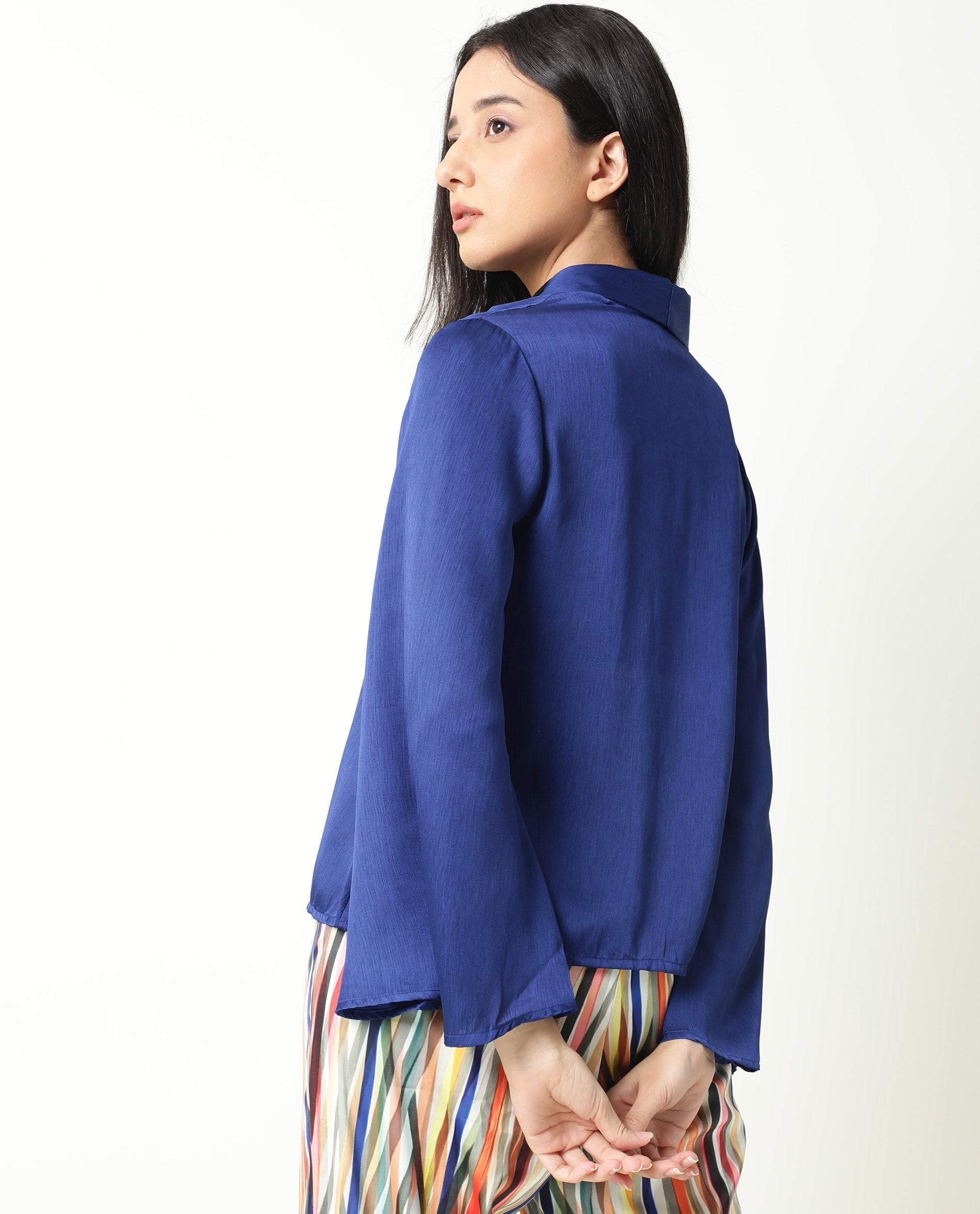 Rareism Women Cuff Blue Polyester Fabric Regular Fit Solid Shawl Collar Outer Wear