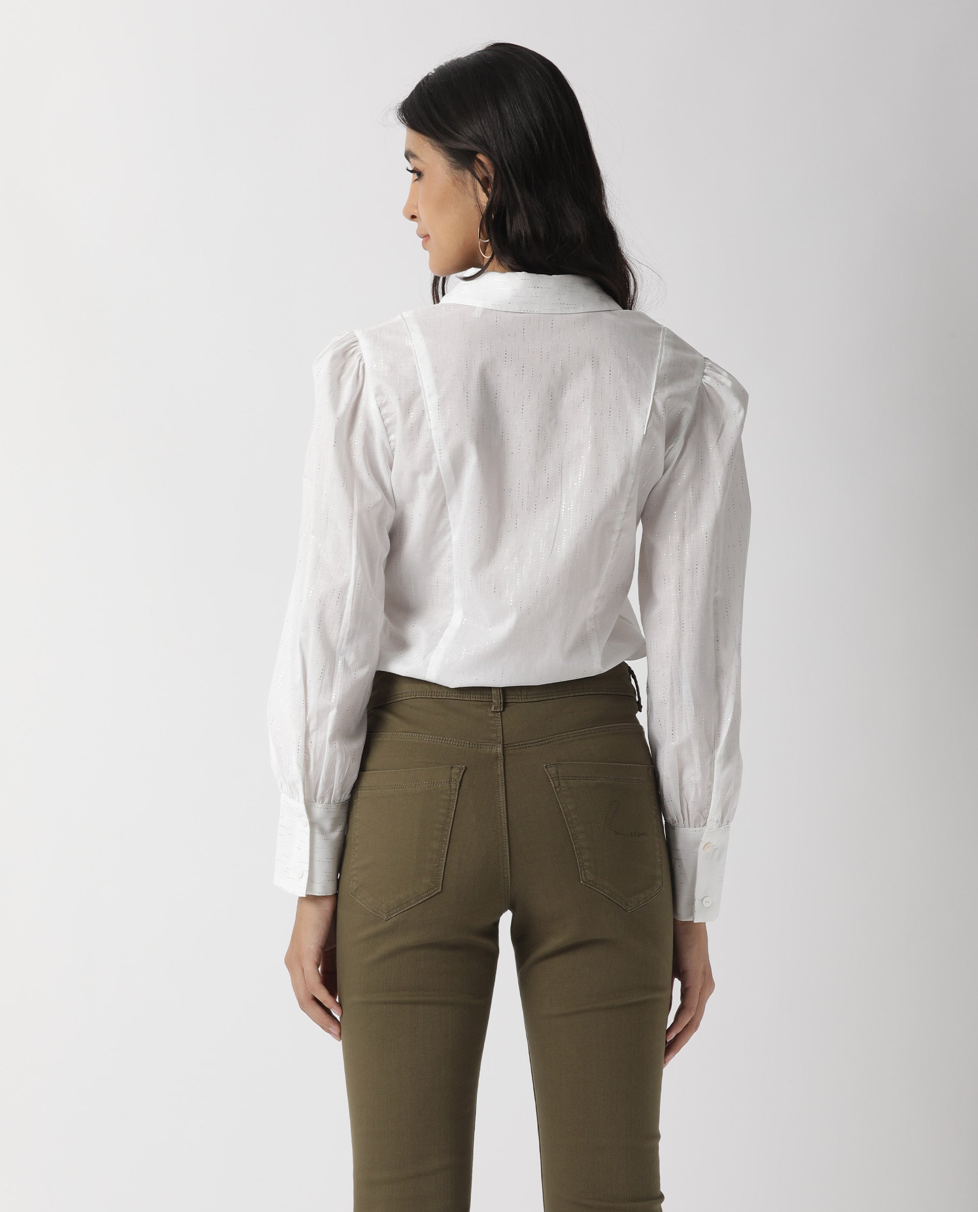 Rareism Women Camelo White Cotton Fabric Regular Fit Shirt Collar Full Sleeves Solid Top