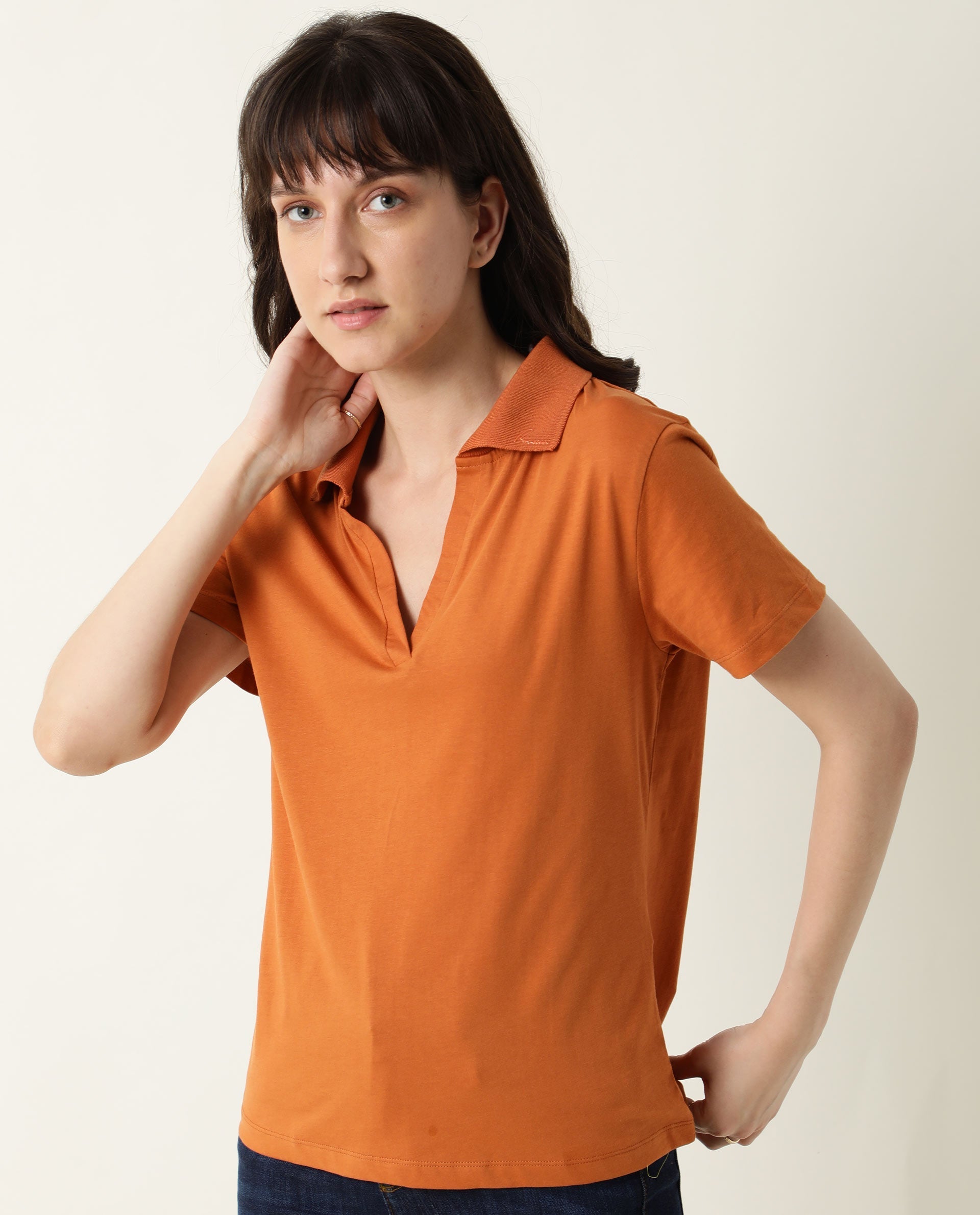 Rareism Womens Candid Orange Polo Cotton Fabric Regular Fit Half Sleeve Collared Neck