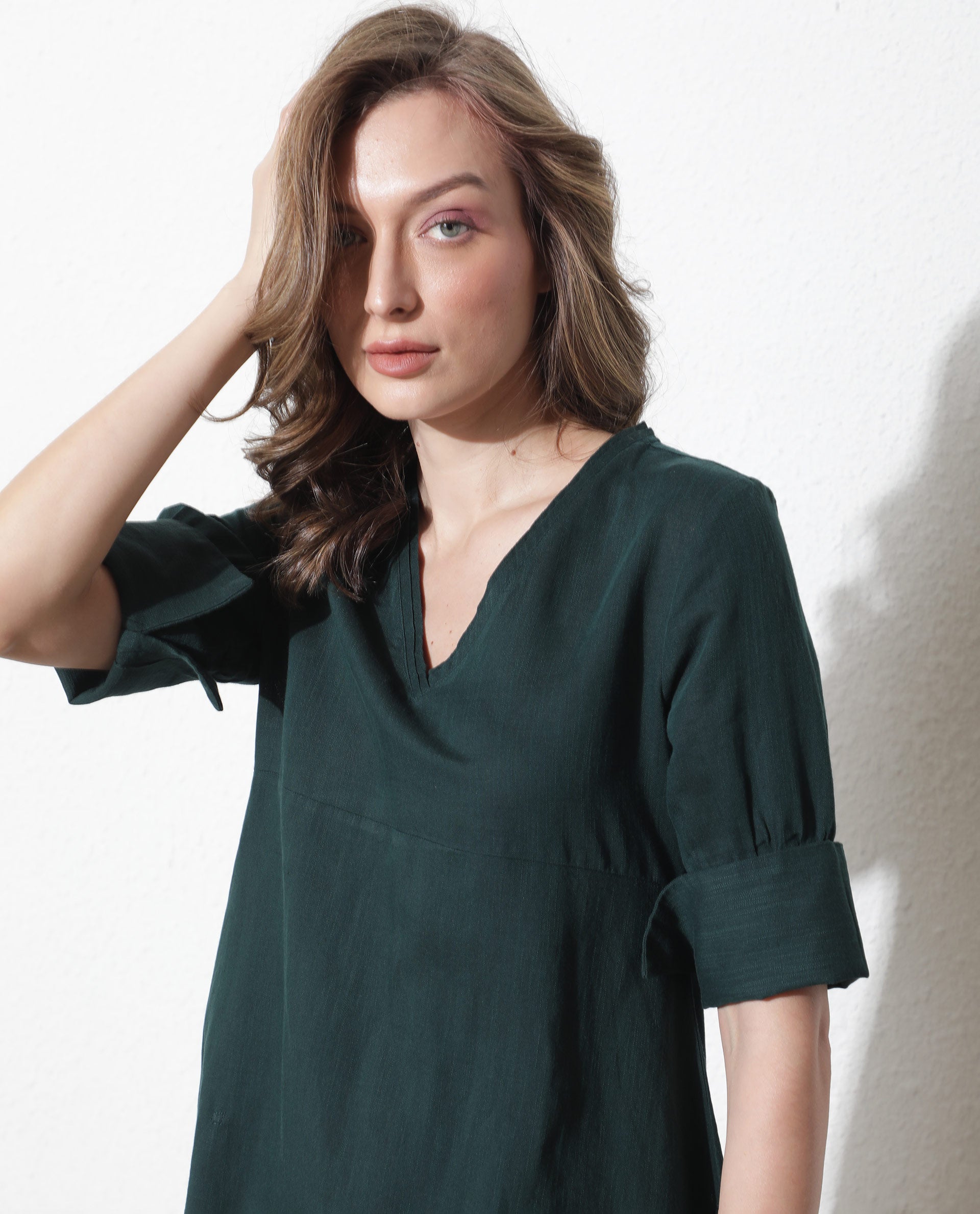 Rareism Women Cherry Green V Neck Tie-Up 3/4 Sleeves Symmetrical Knee Length Dress