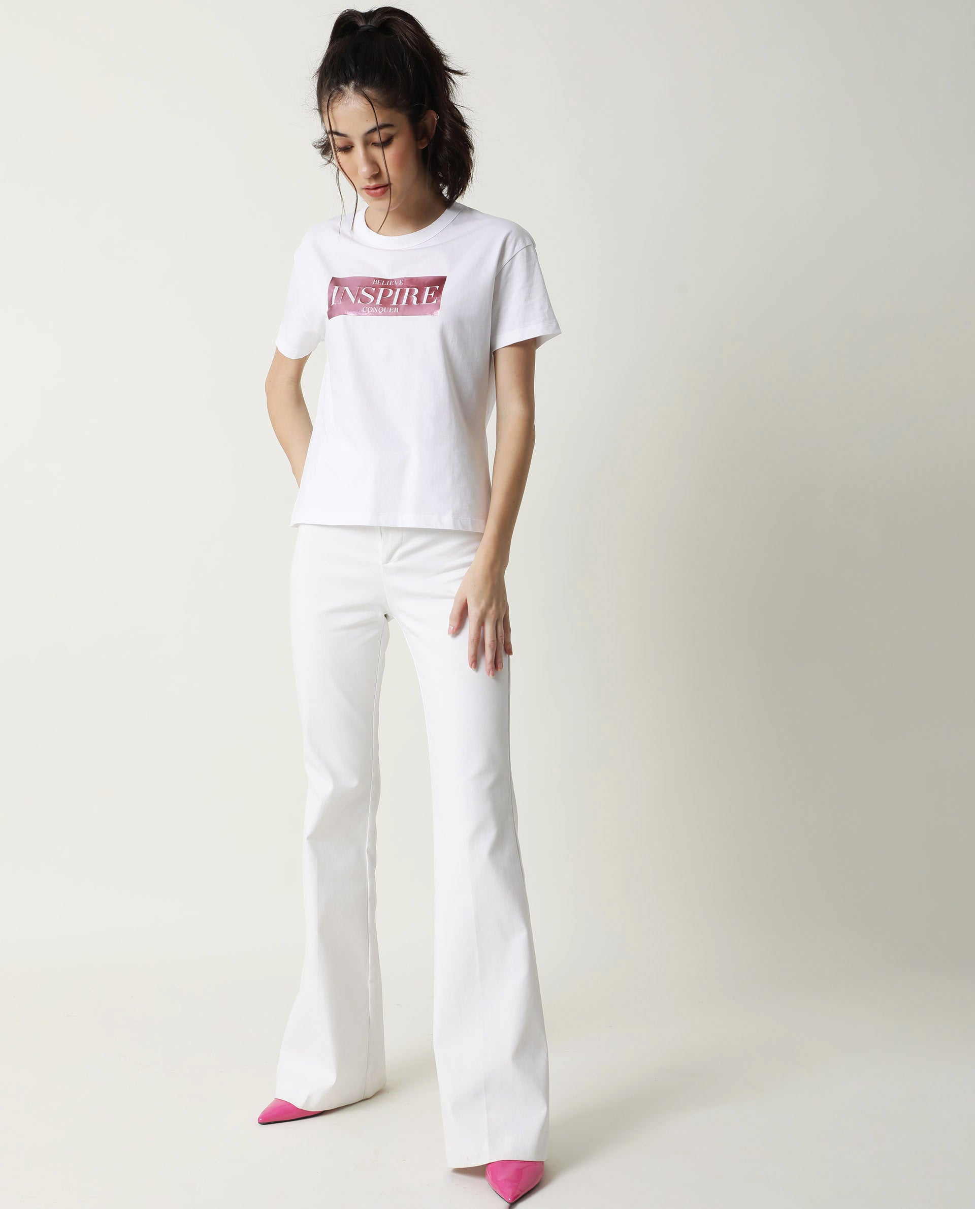 Rareism Women Inago White Cotton Fabric Regular Fit Half Sleeves Graphic Print Crew Neck T-Shirt
