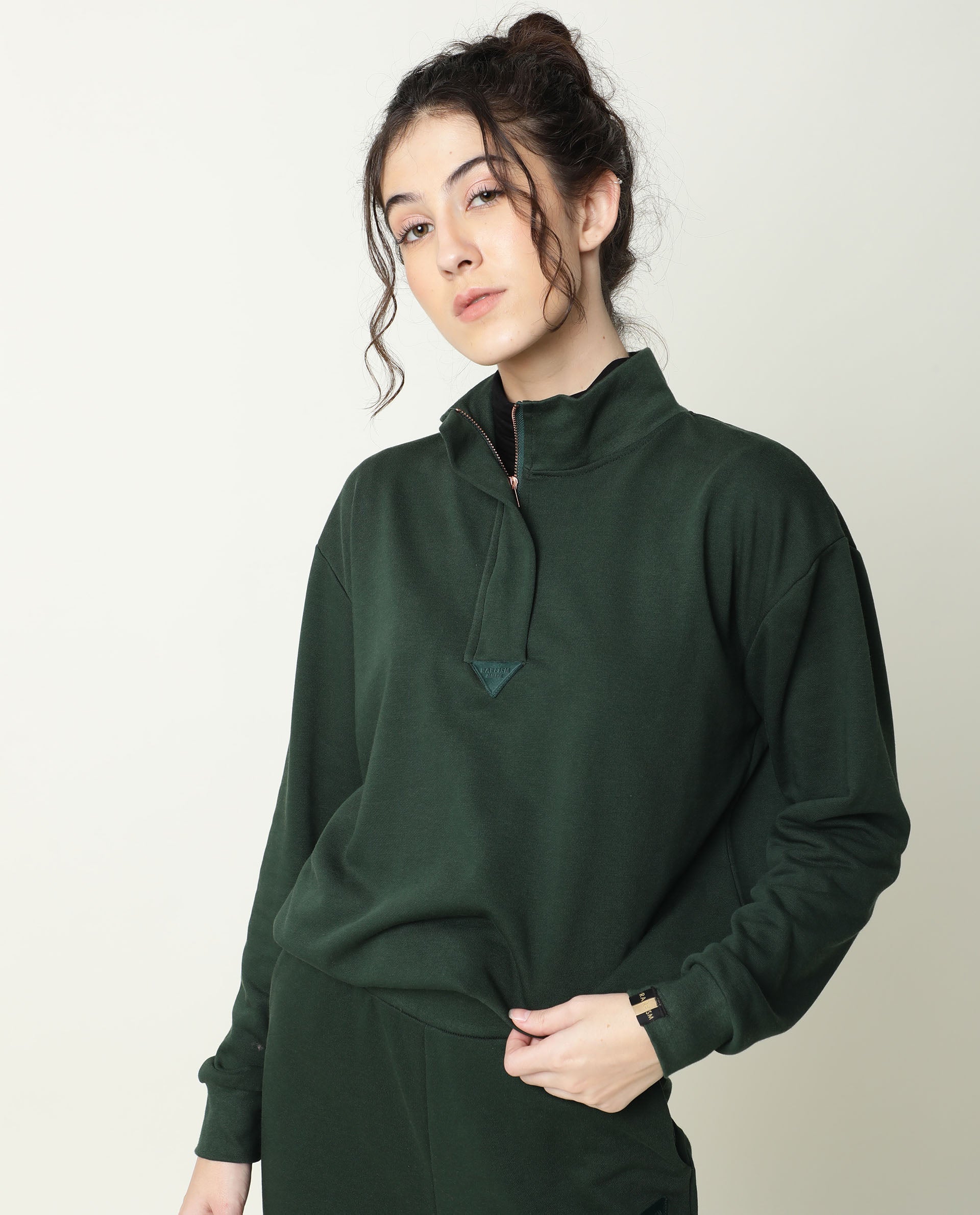 Rareism Women Taffy-1 Green  Relaxed Fit Full Sleeves Solid High Neck Sweatshirt