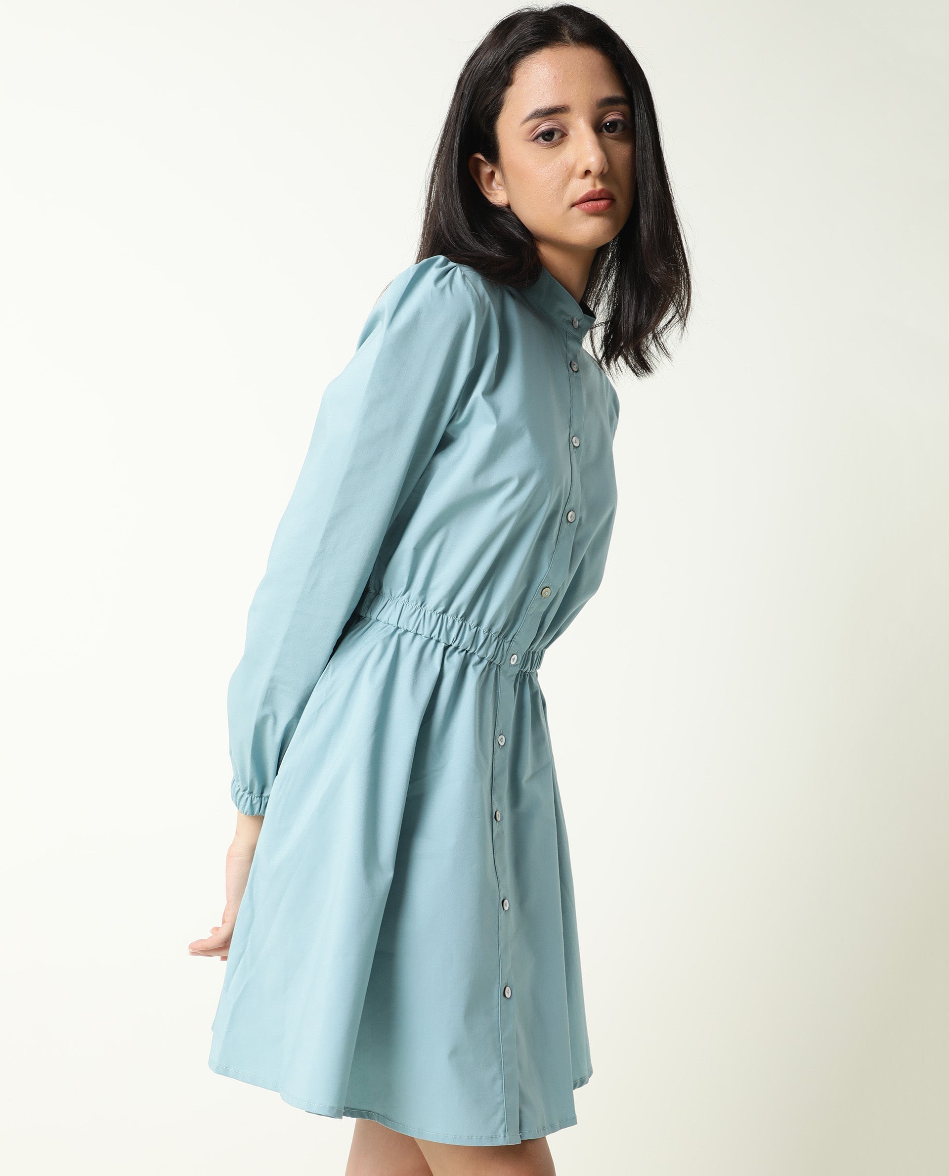 Rareism Women Darla Blue Mandarin Collar Full Front Button Closure Placket With Full Sleeves And Pocket Mini Dress