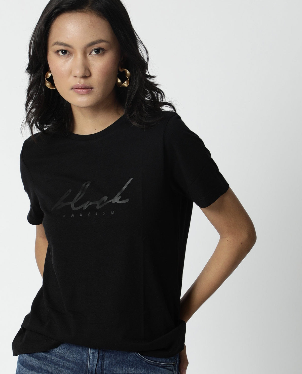 Rareism Women Darker Black T-Shirt Short Sleeves
