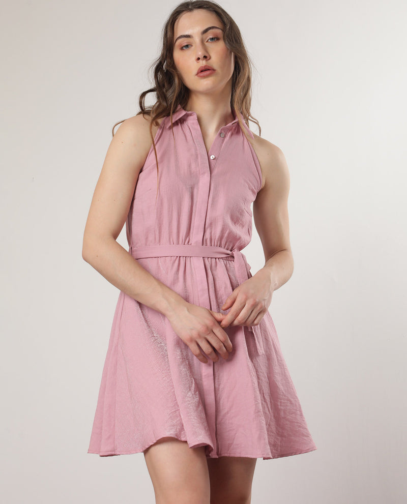 Rareism Women Mistletoe Metallic Pink Rayon Nylon Fabric Button Closure Shirt Collar Sleeveless Regular Fit Plain Knee Length Boxy Dress