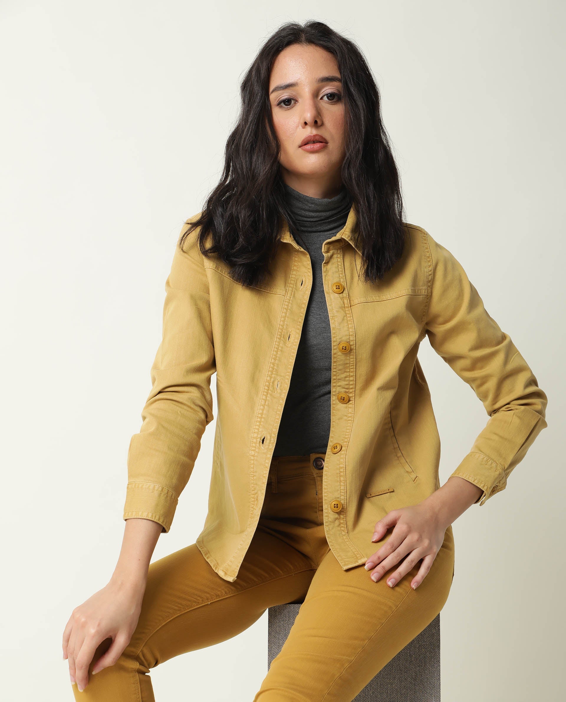 Rareism Women's Mission Mustard Cotton Blend Spread Collar Plain Regular Fit Jacket