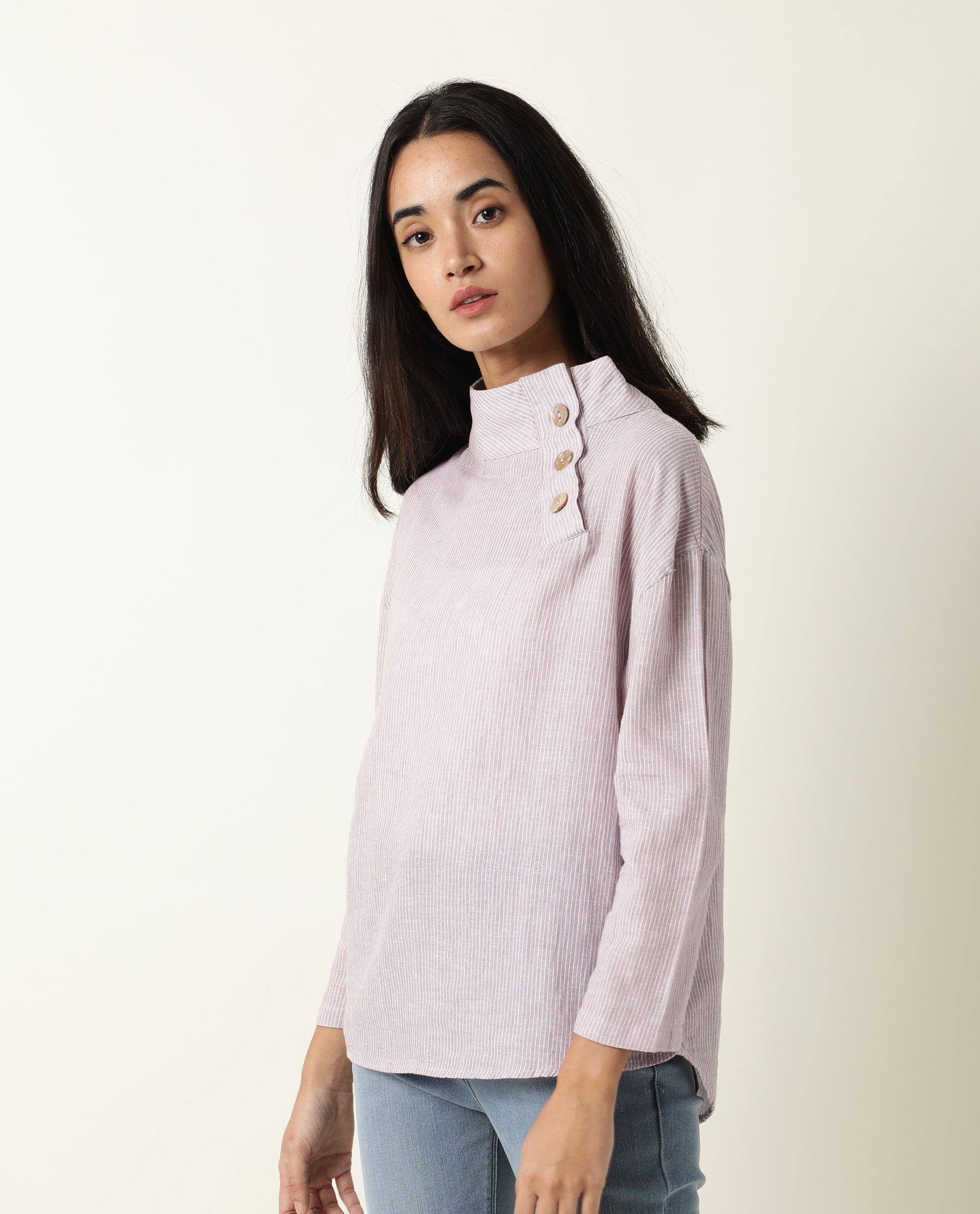 Rareism Women Mute Pastel Purple Cotton Linen Fabric Regular Fit High Neck Full Sleeves Solid Top