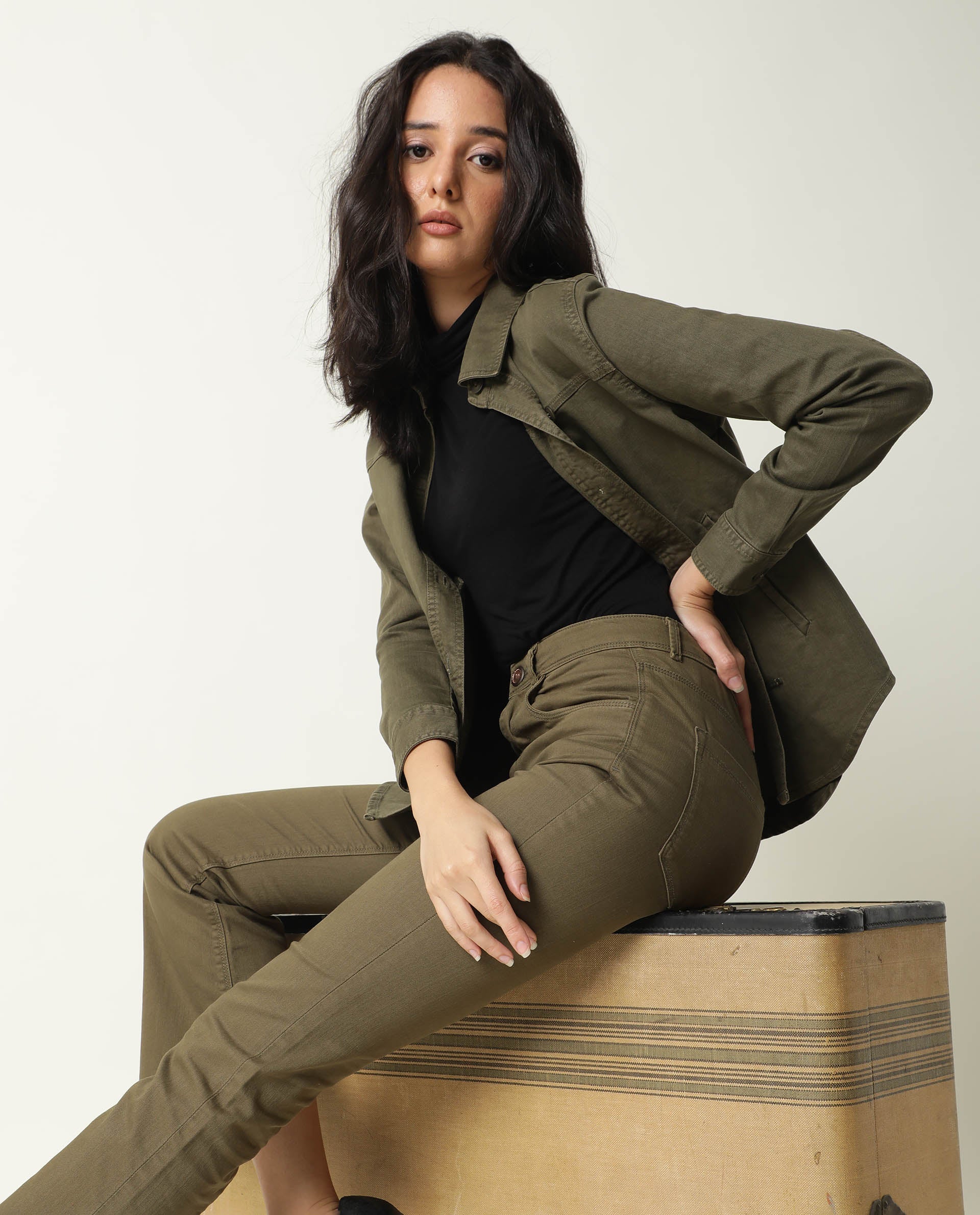Rareism Women Mission Green Cotton Lycra Fabric Full Sleeves Solid Shirt Collar Jacket