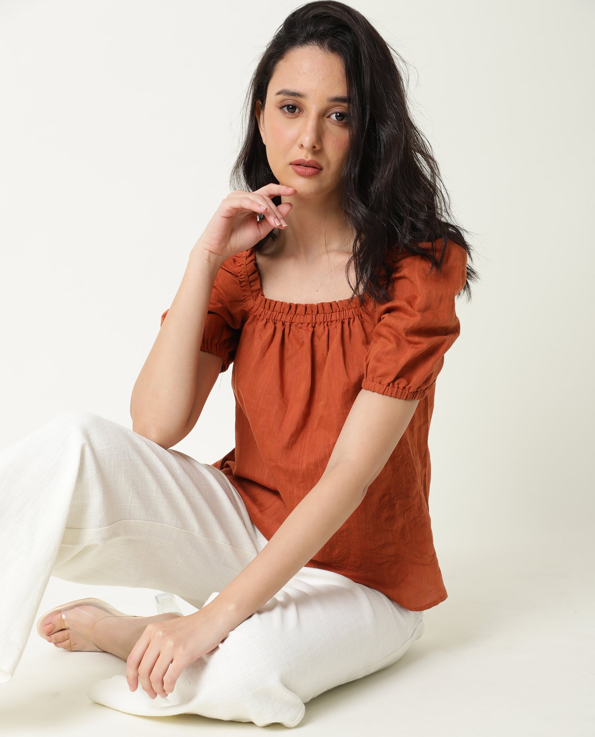 Rareism Womens Gamora Rust Top Cotton Linen Fabric Loose Fit Puff Sleeves Square Neck