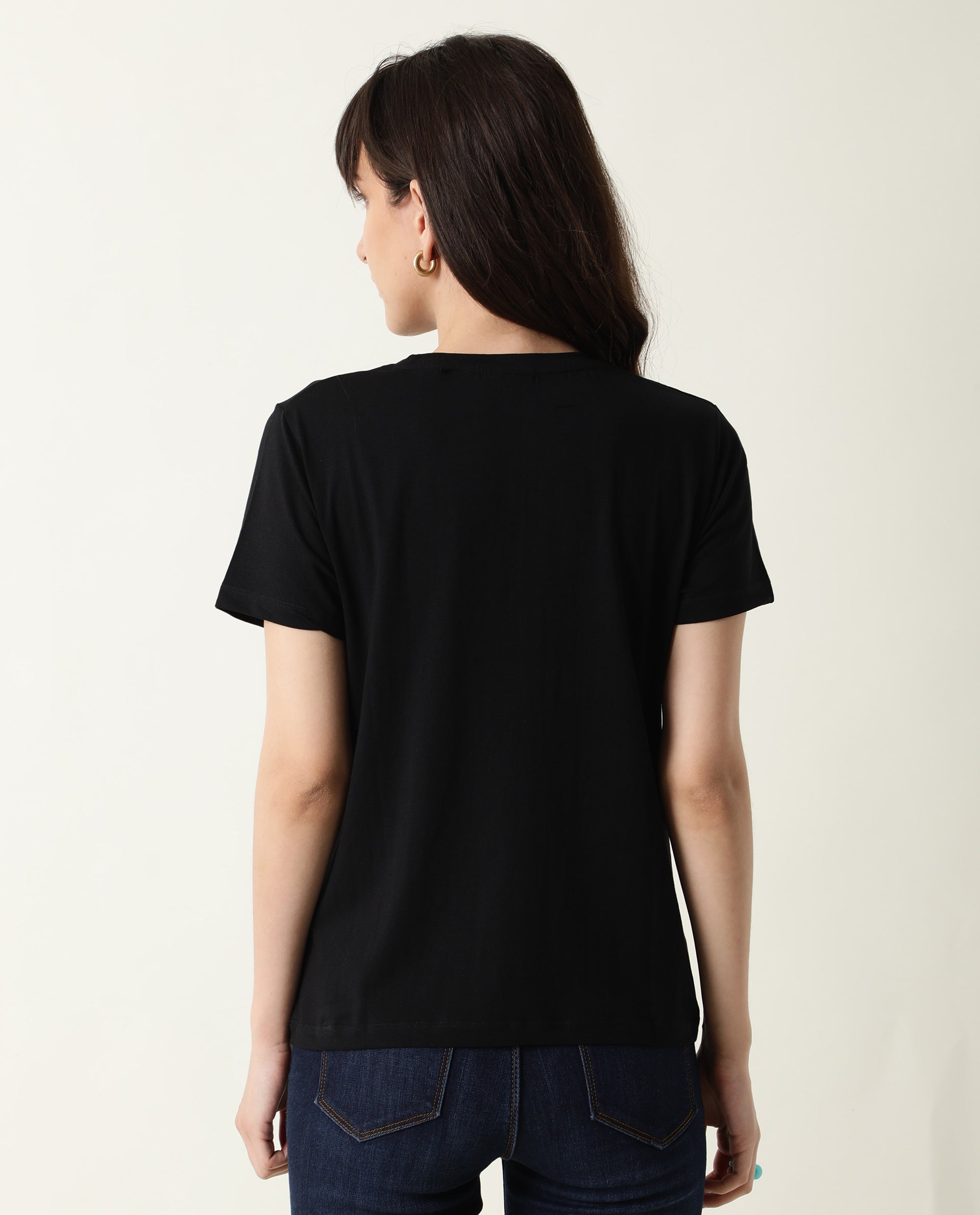Rareism Women Fuji Black Cotton Fabric Regular Fit Half Sleeves Graphic Print Crew Neck T-Shirt
