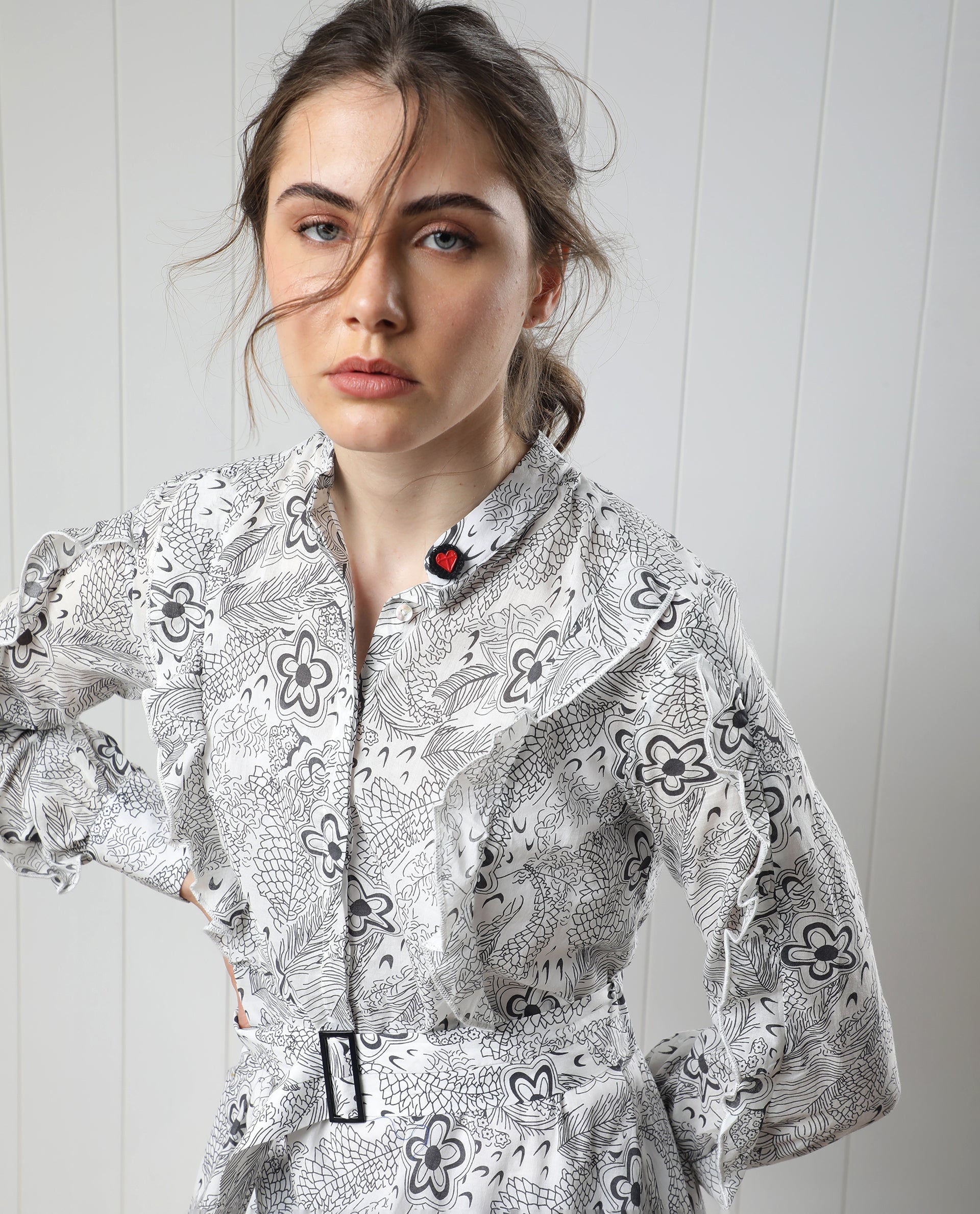 Rareism Women Roose White Cotton Fabric Full Sleeves Button Closure Mandarin Collar Regular Fit Floral Print Knee Length Flared Dress