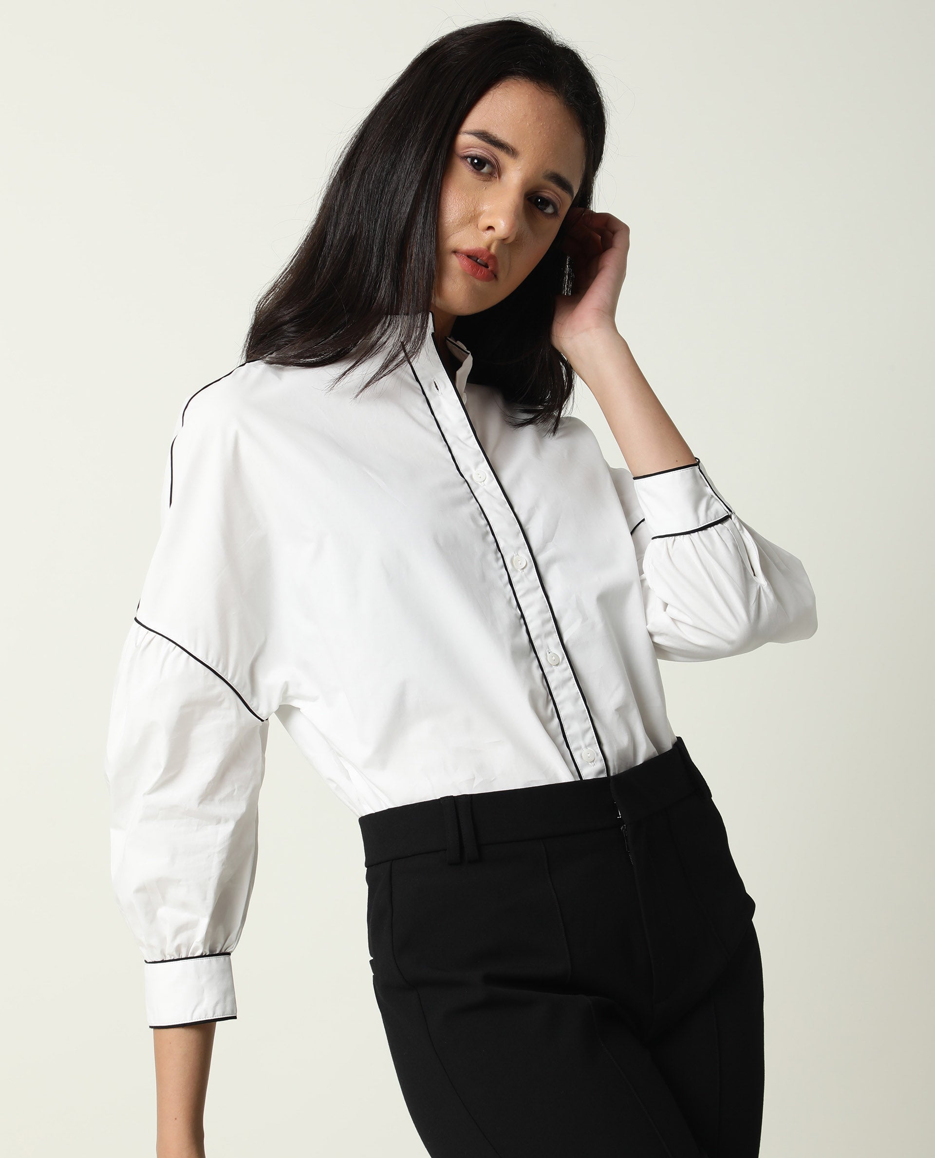 Rareism Womens Baki White Top Cotton Fabric Regular Fit Cuffed Sleeve Collared Neck