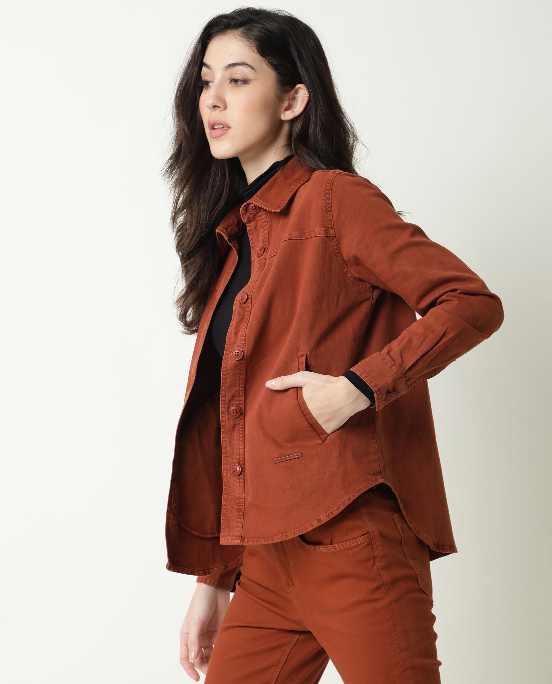 Rareism Women Mission Rust Cotton Lycra Fabric Full Sleeves Solid Shirt Collar Jacket