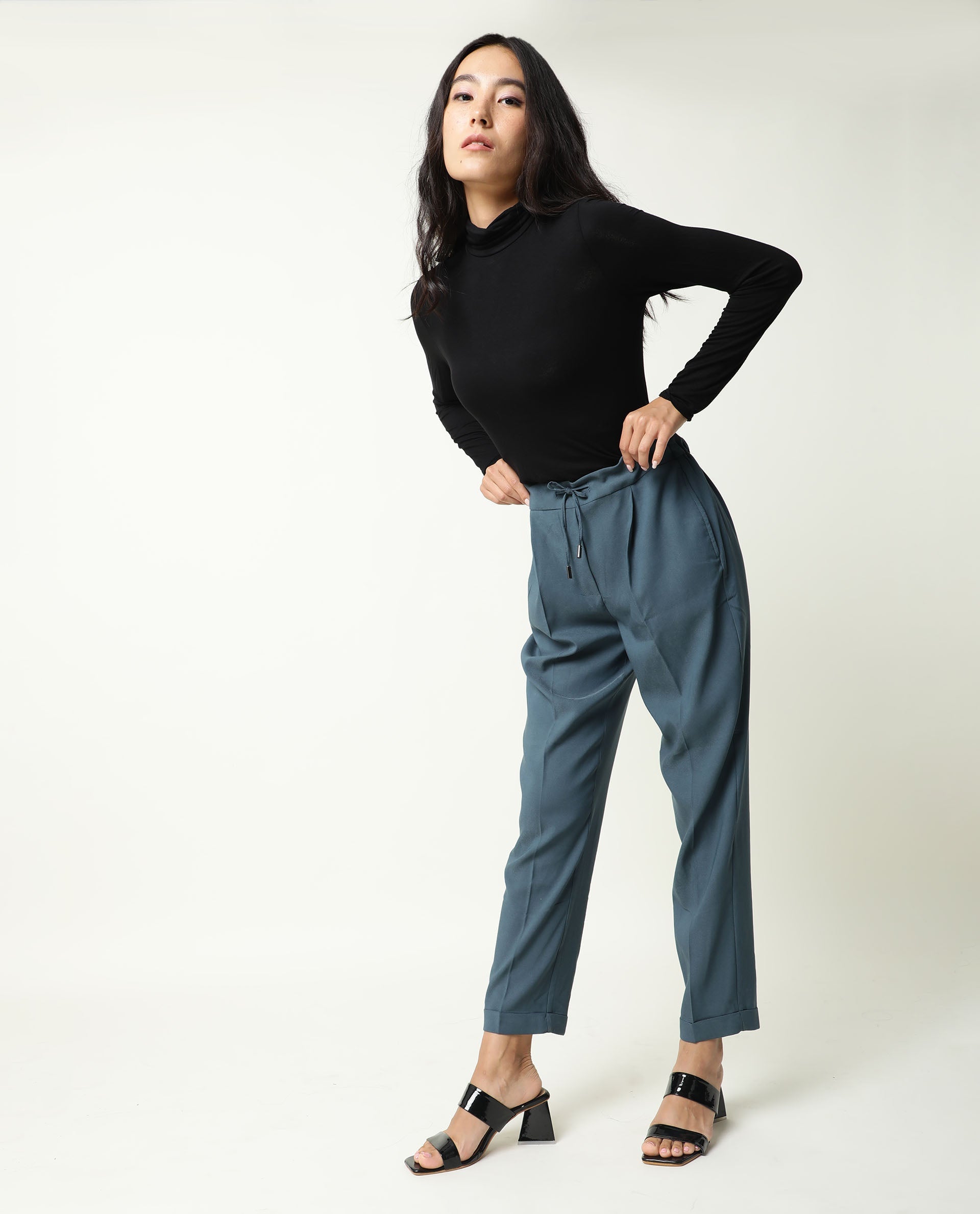 Rareism Women Jeremiah Petrol Poly Lycra Fabric Tailored Fit Mid Rise Solid Ankle Length Trousers