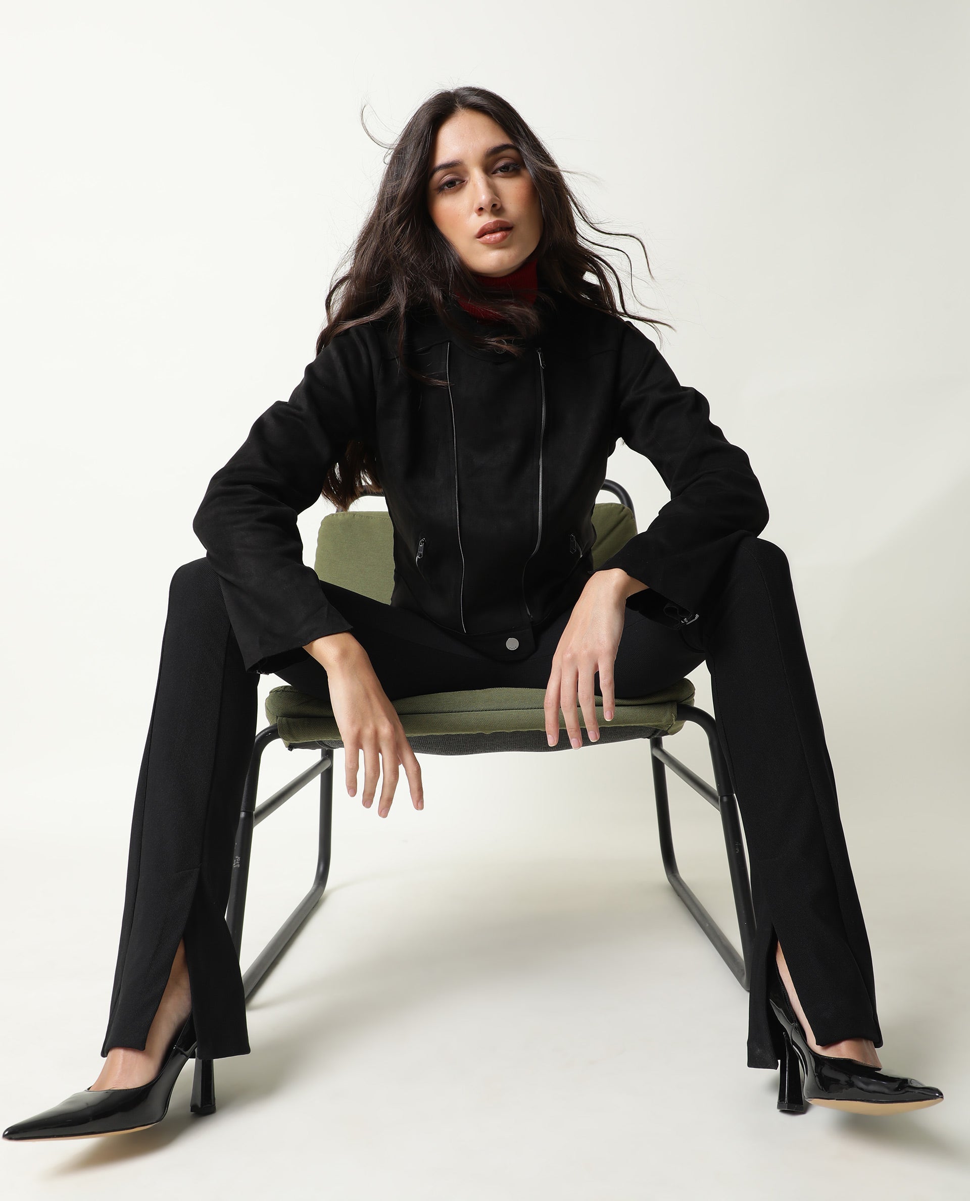 Rareism Women Everlee Black Polyester Fabric Full Sleeves Solid Mandarin Collar Jacket