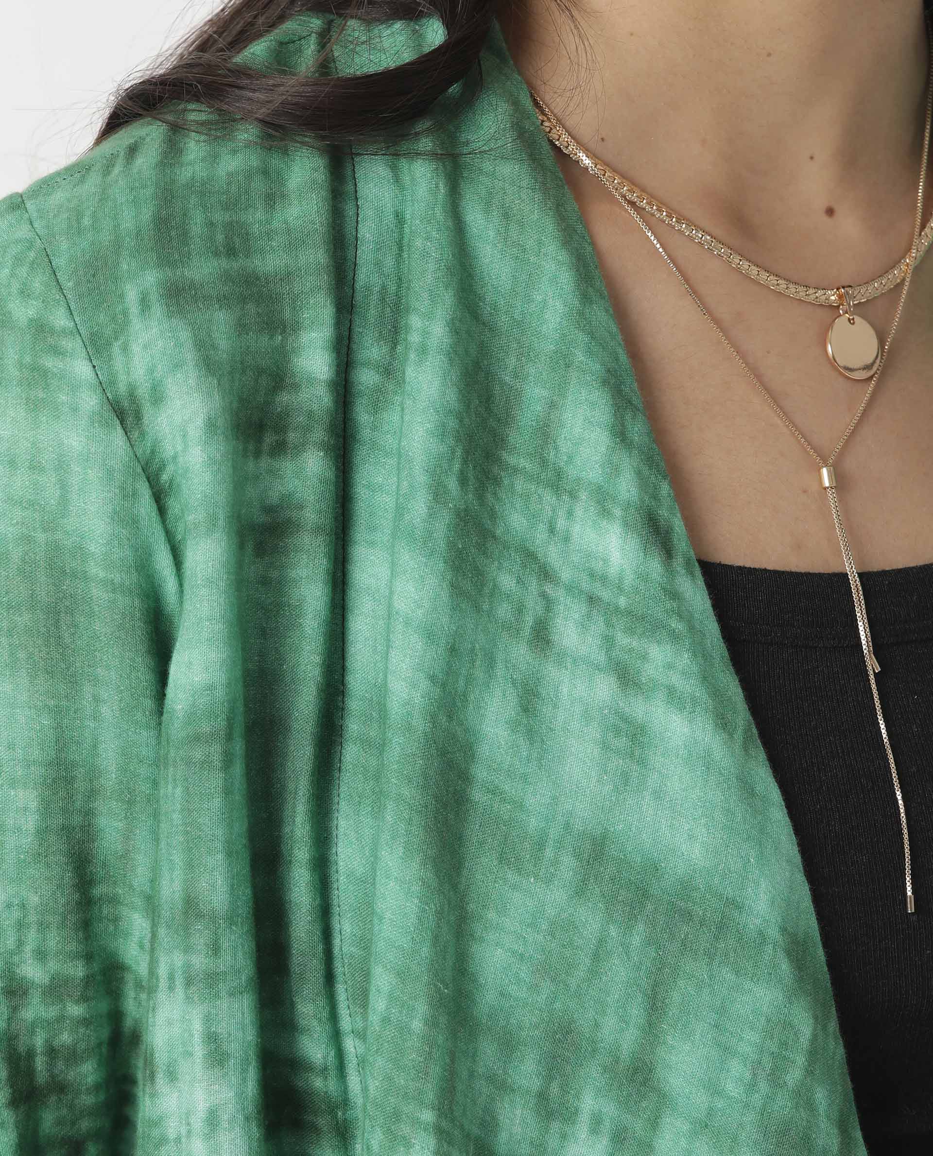 Rareism Women Boss Green Cotton Fabric Regular Fit Knee Length Abstract Print Collarless Outer Wear