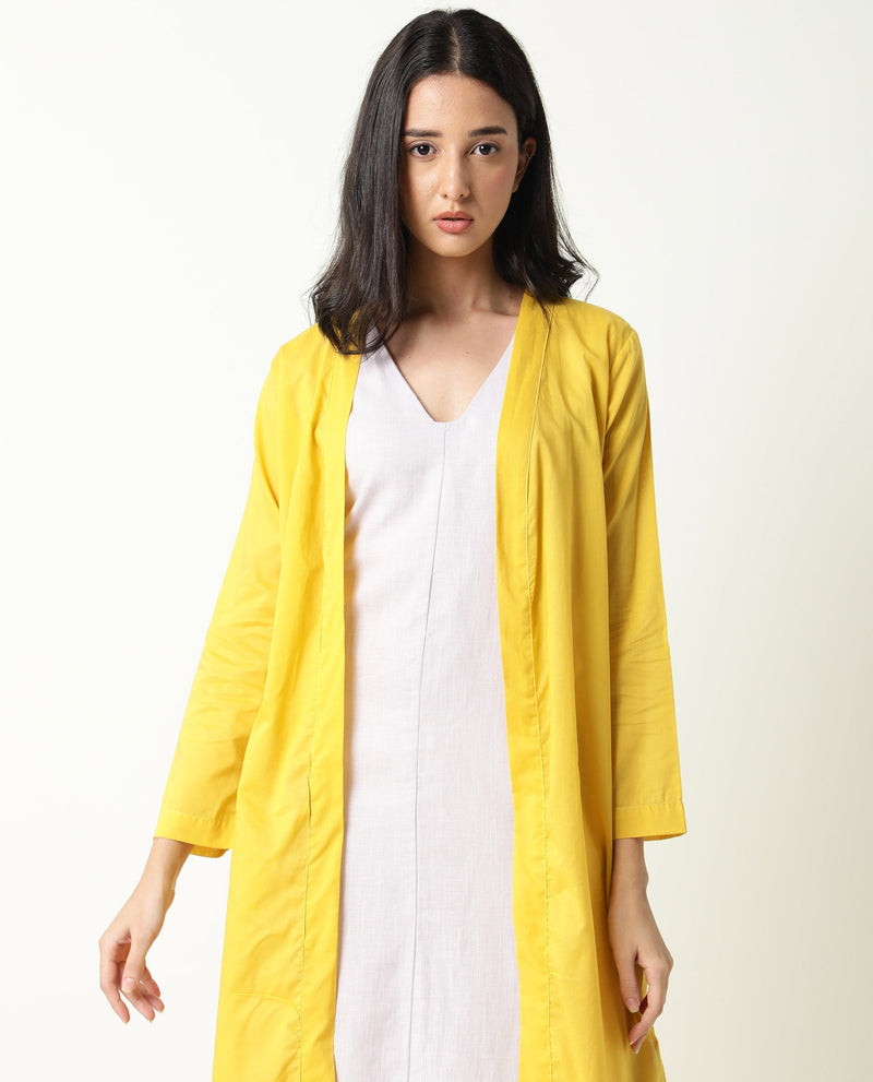 Rareism Women Java Yellow Cotton Fabric 3/4Th Sleeves Solid Collarless Knee Length Shrug