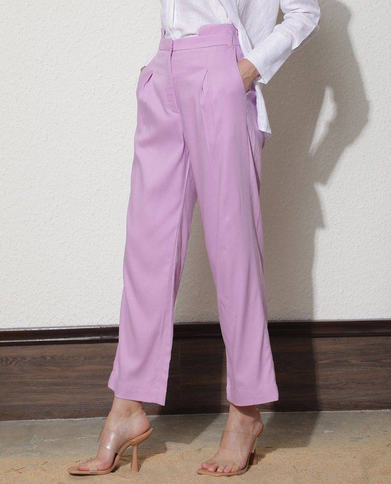 Rareism Women Evanova Pastel Purple Viscose Fabric Tailored Fit High Rise Solid Ankle Length Trousers