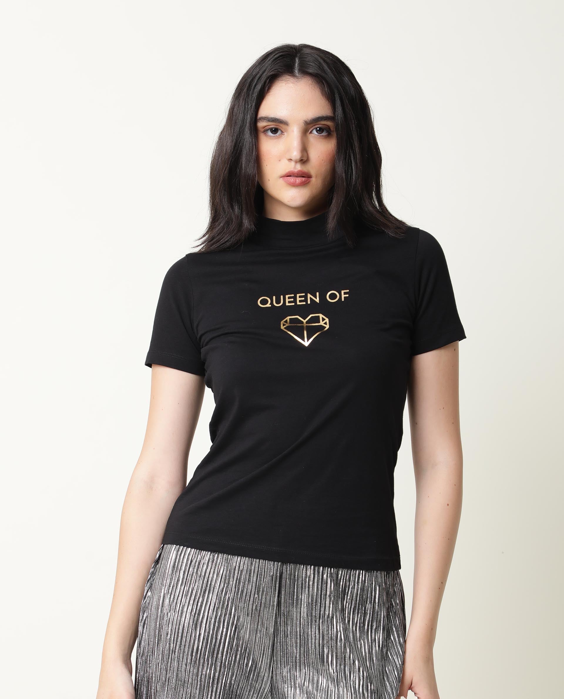Rareism Women Queenie Black Poly Cotton Fabric Regular Fit Half Sleeves Graphic Print Round Neck T-Shirt