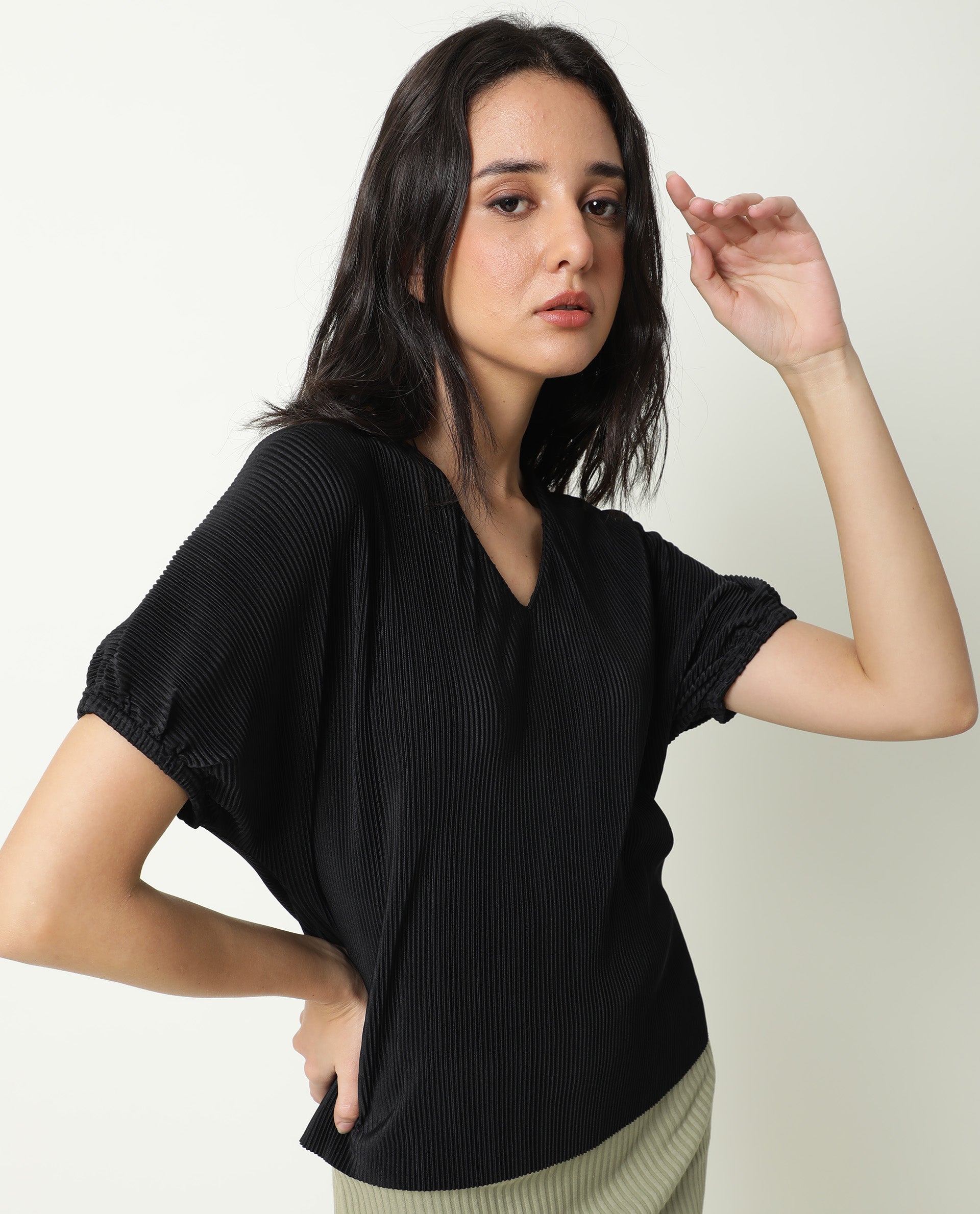 Rareism Womens Soho Black Top Polyester Fabric Regular Fit Extended Sleeves Round Neck