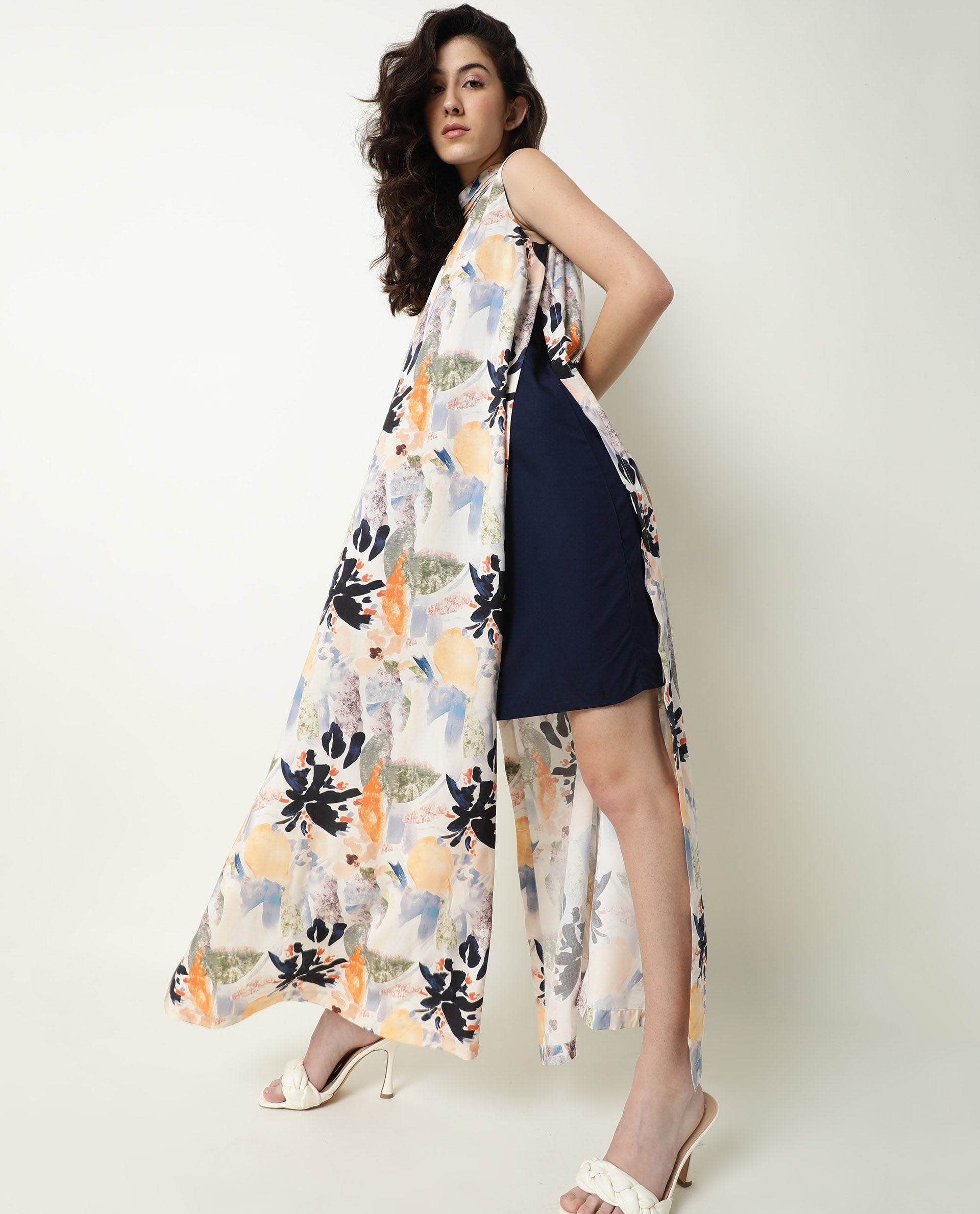 Rareism Women's Isa Multi High Neck Floral Print Sleeveless Knee Length Regular Fit Dress