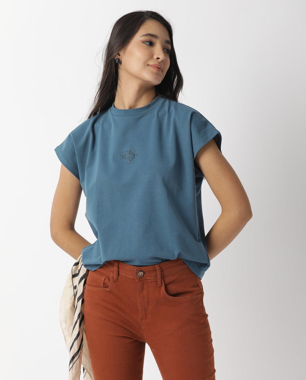 Rareism Womens Hola Petrol T-Shirt High Neck Polycotton Spandex Fabric
