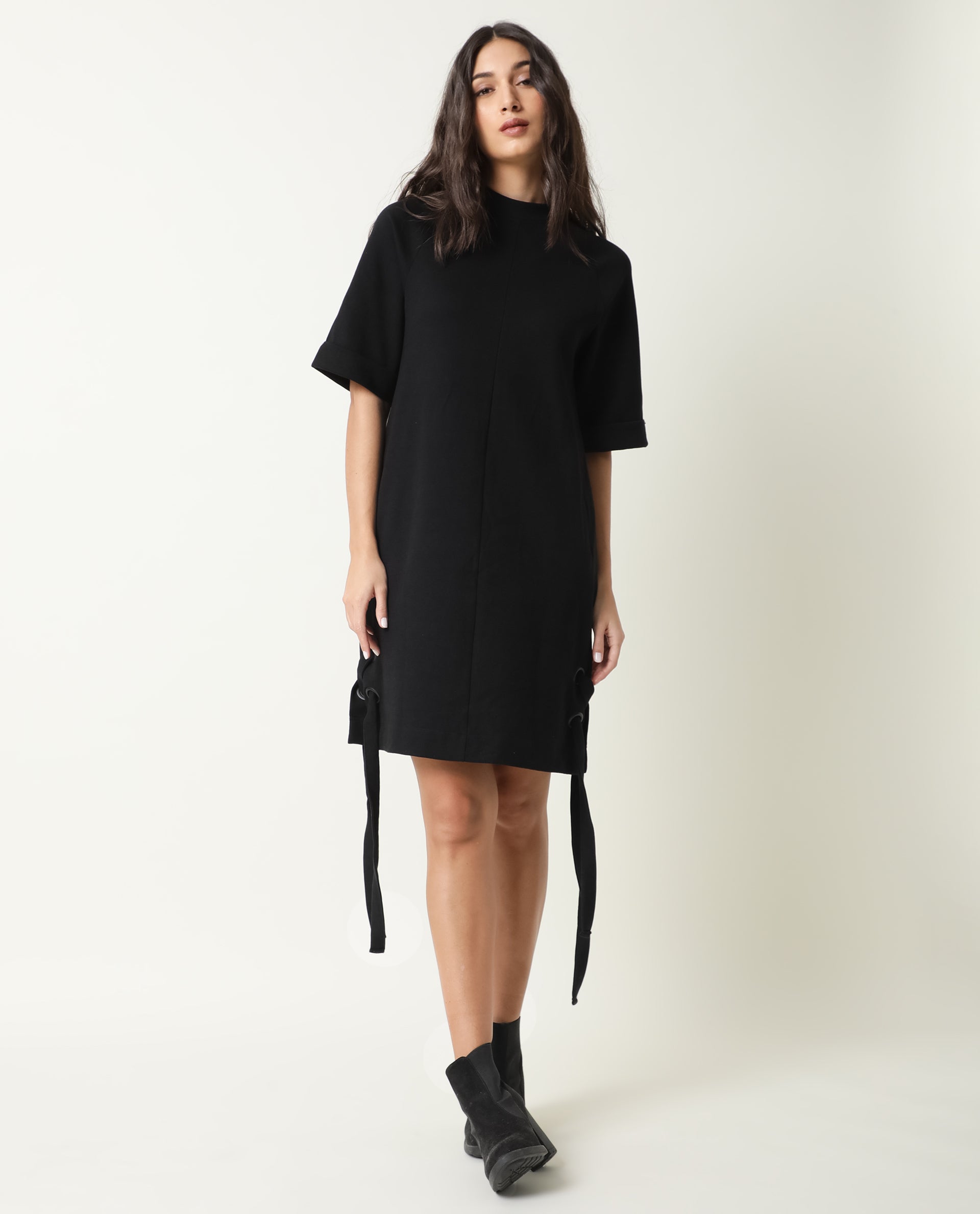 Rareism Womens Inari Black Dress Cotton Fabric Normal Fit Raglan Sleeves Round Neck